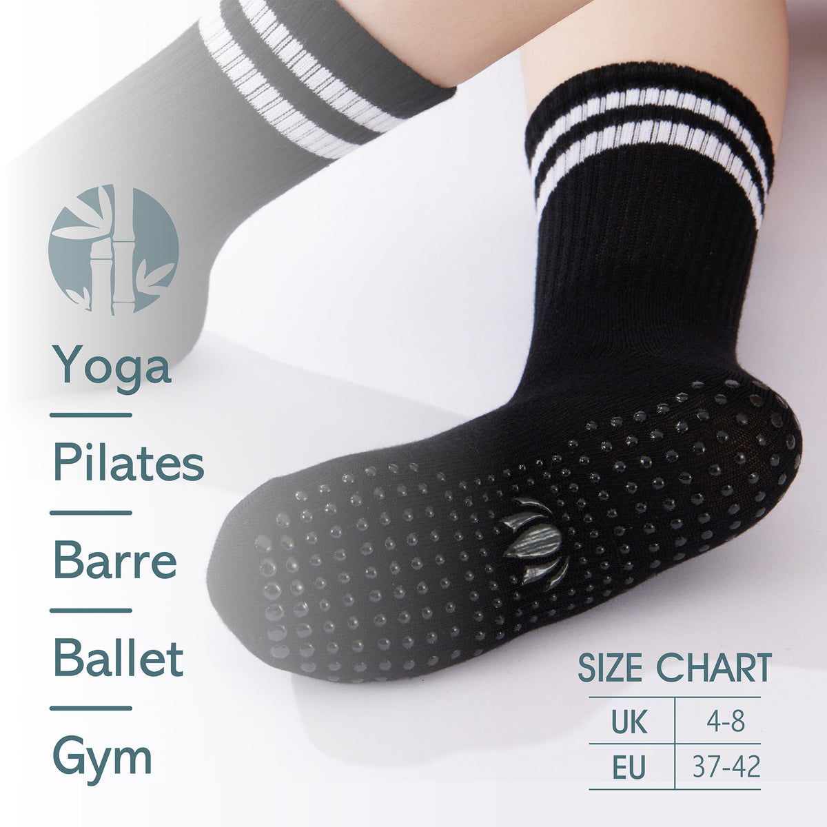 Ladies 4pk Bamboo Yoga/Pilates Black Ankle Socks