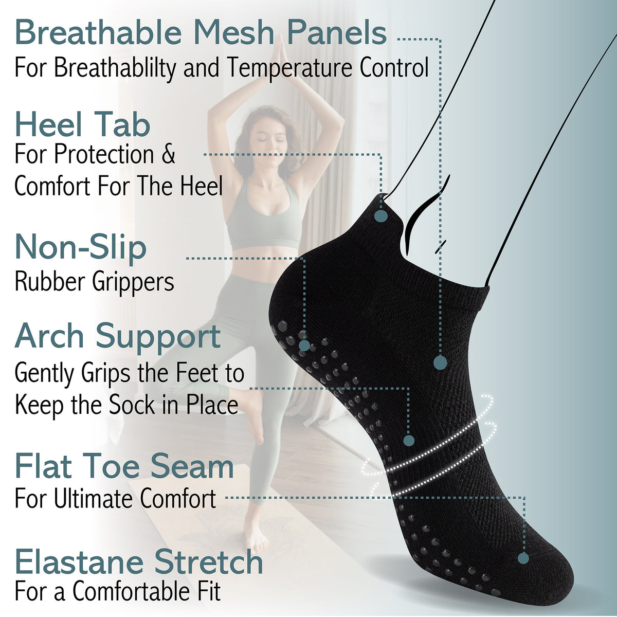 Womens 4PK Yoga & Pilates Black Trainer Socks
