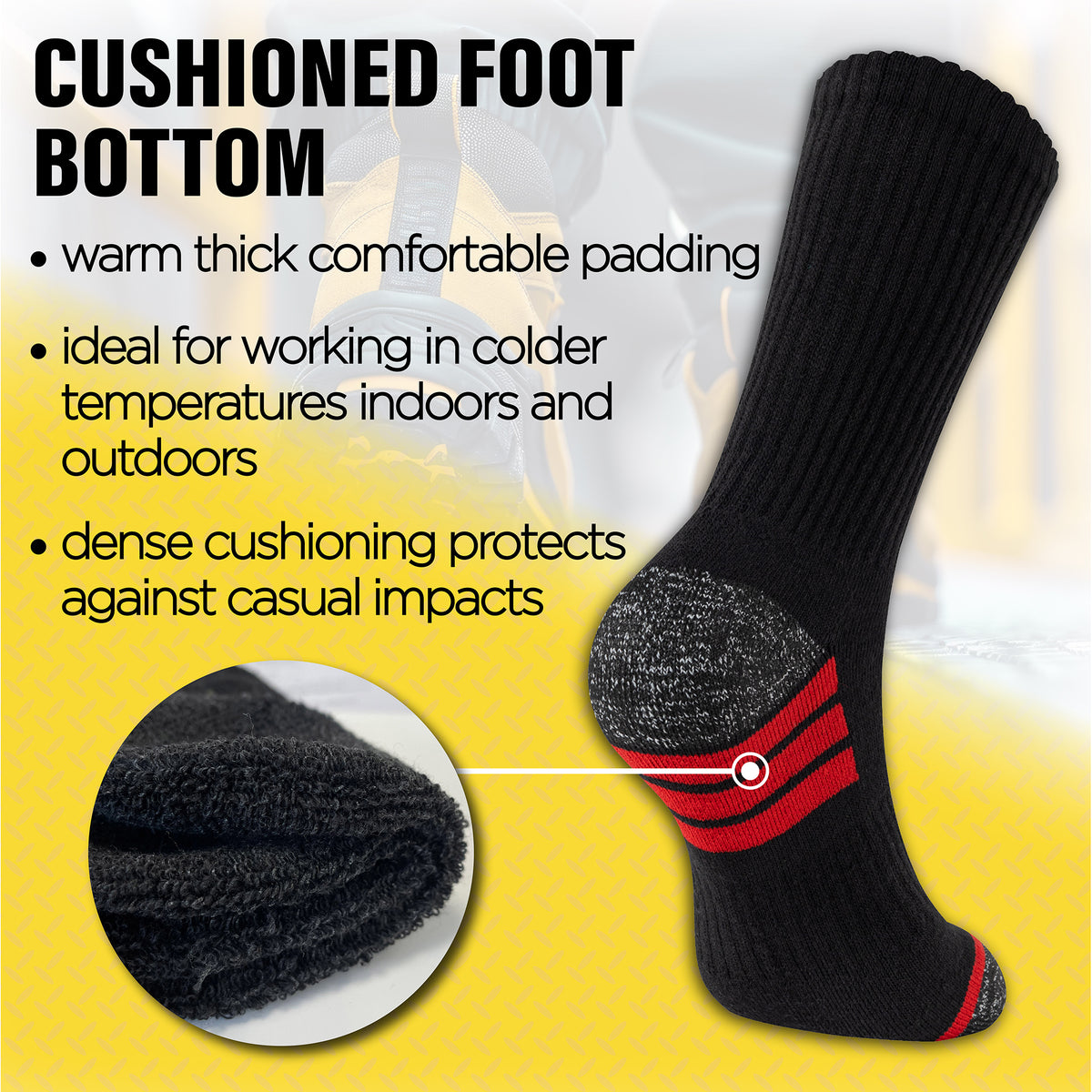 Mens 6 Pack Premium Cotton Blend Contrast Sole Black Work Socks