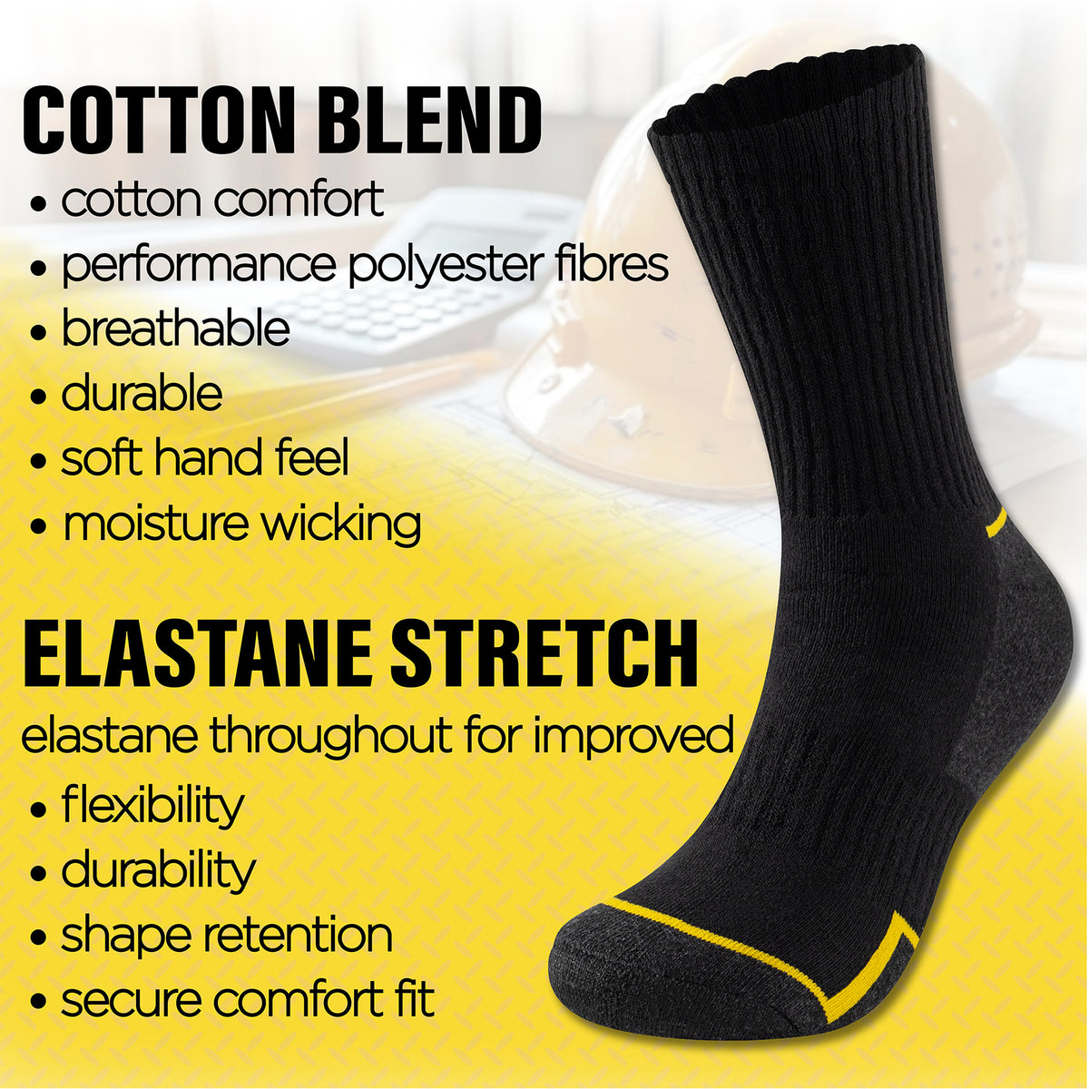 Mens 12 Pack Premium Cotton Blend Yellow Stripe Work Socks