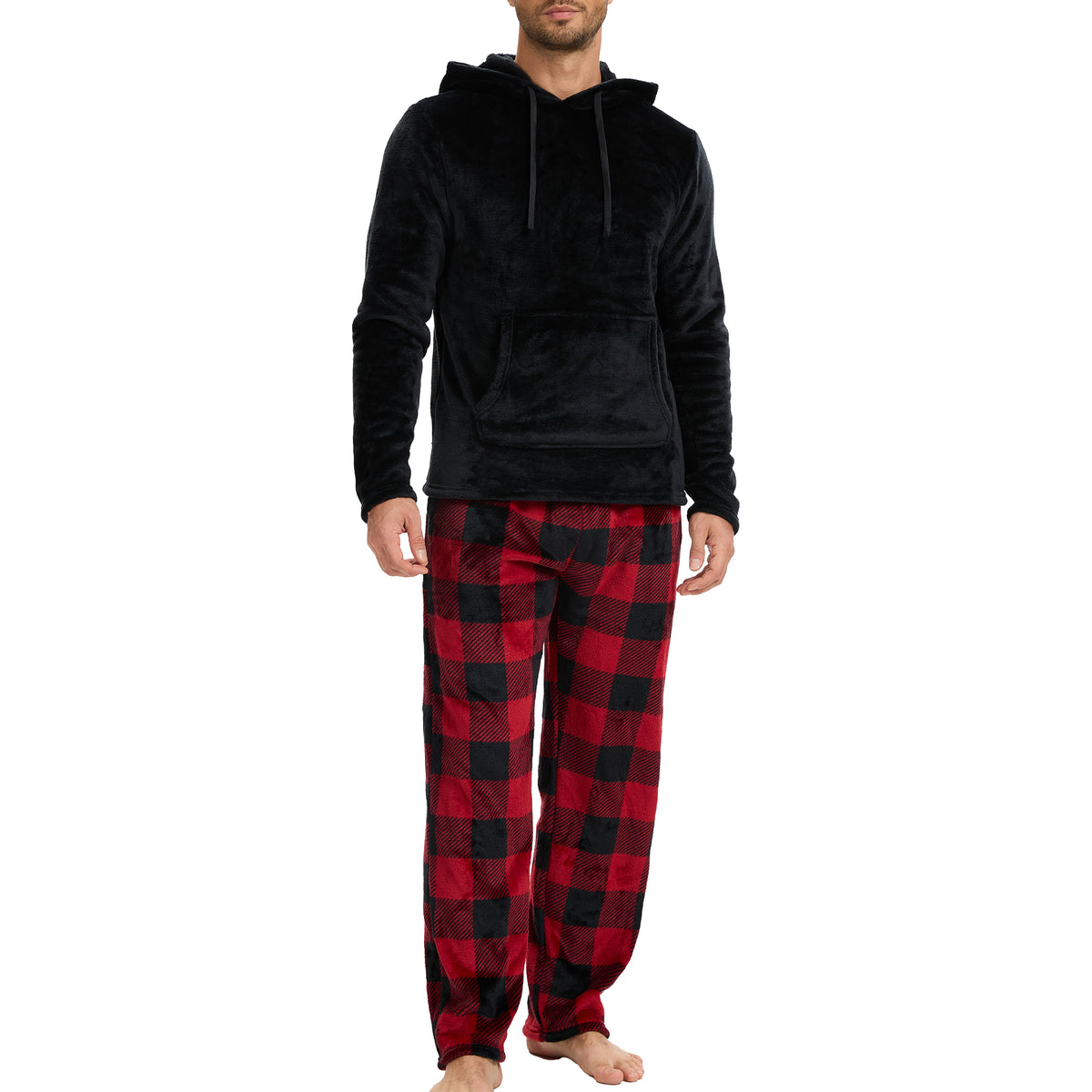Mens Flannel & Sherpa Lined Black/Red LS Pyjamas Set