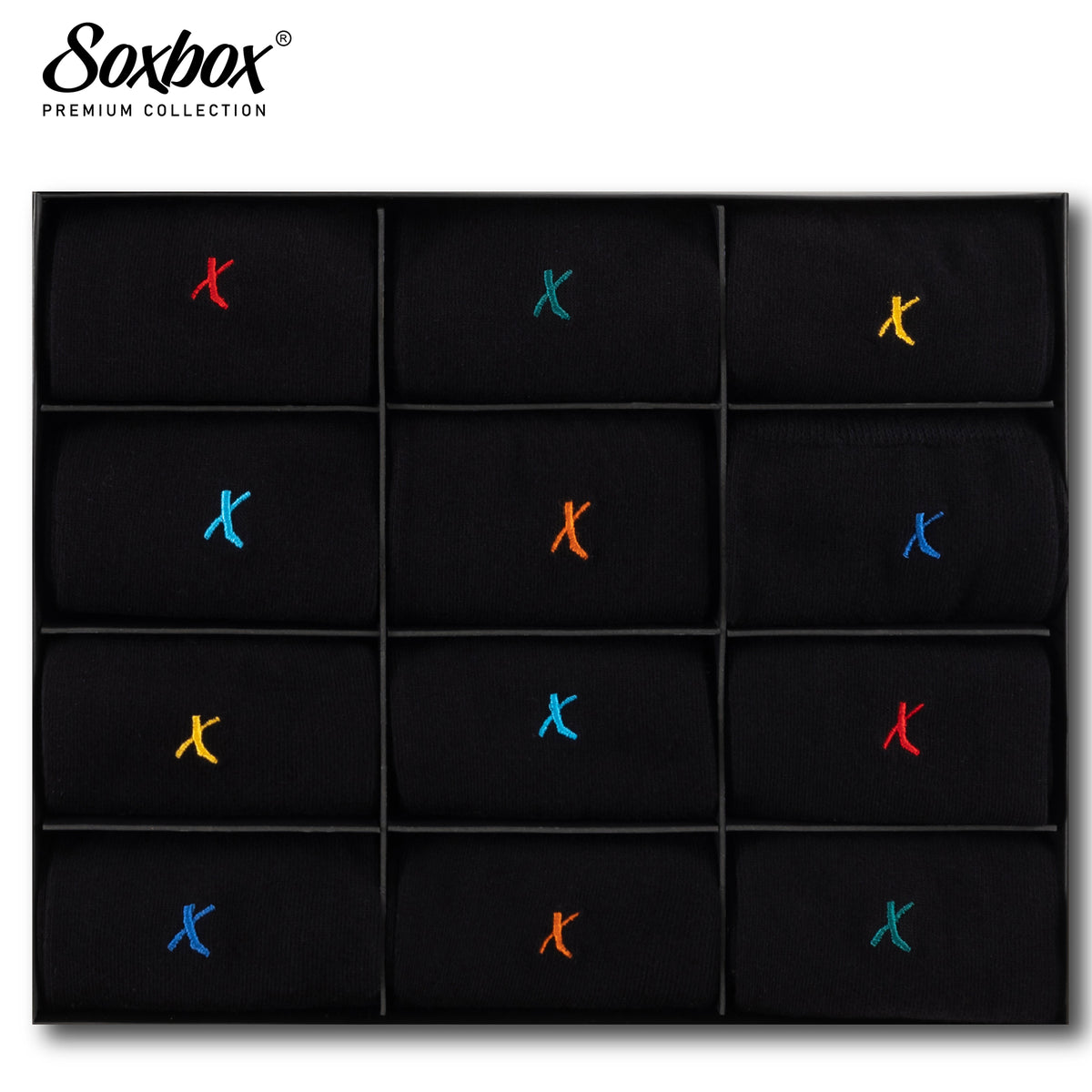 Mens 12PK Black Embroidery Socks - Soxbox