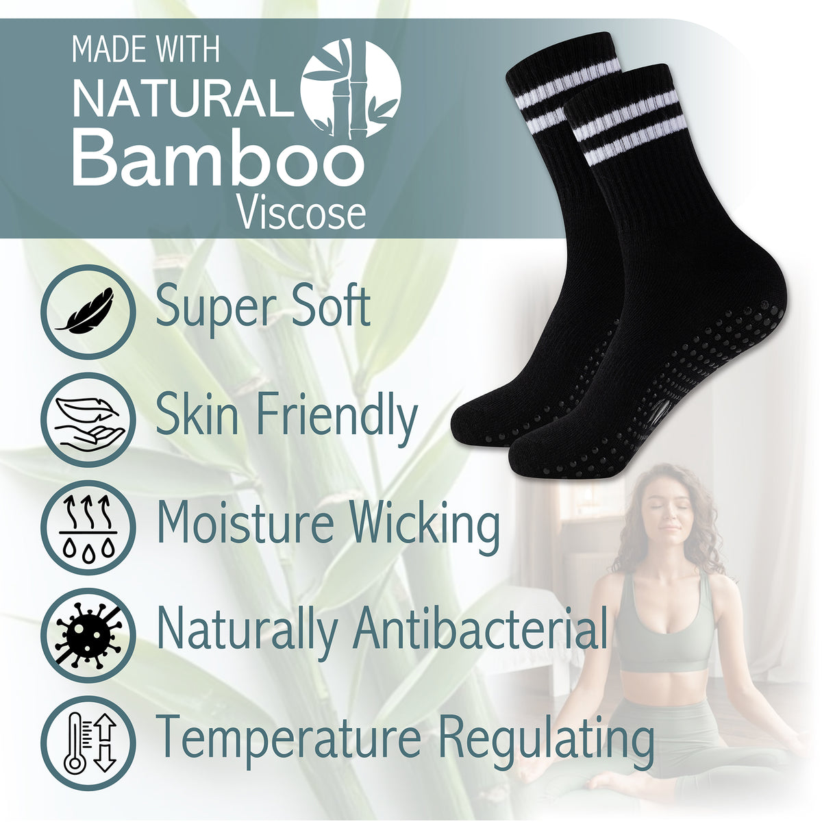 Ladies 4pk Bamboo Yoga/Pilates Black Ankle Socks