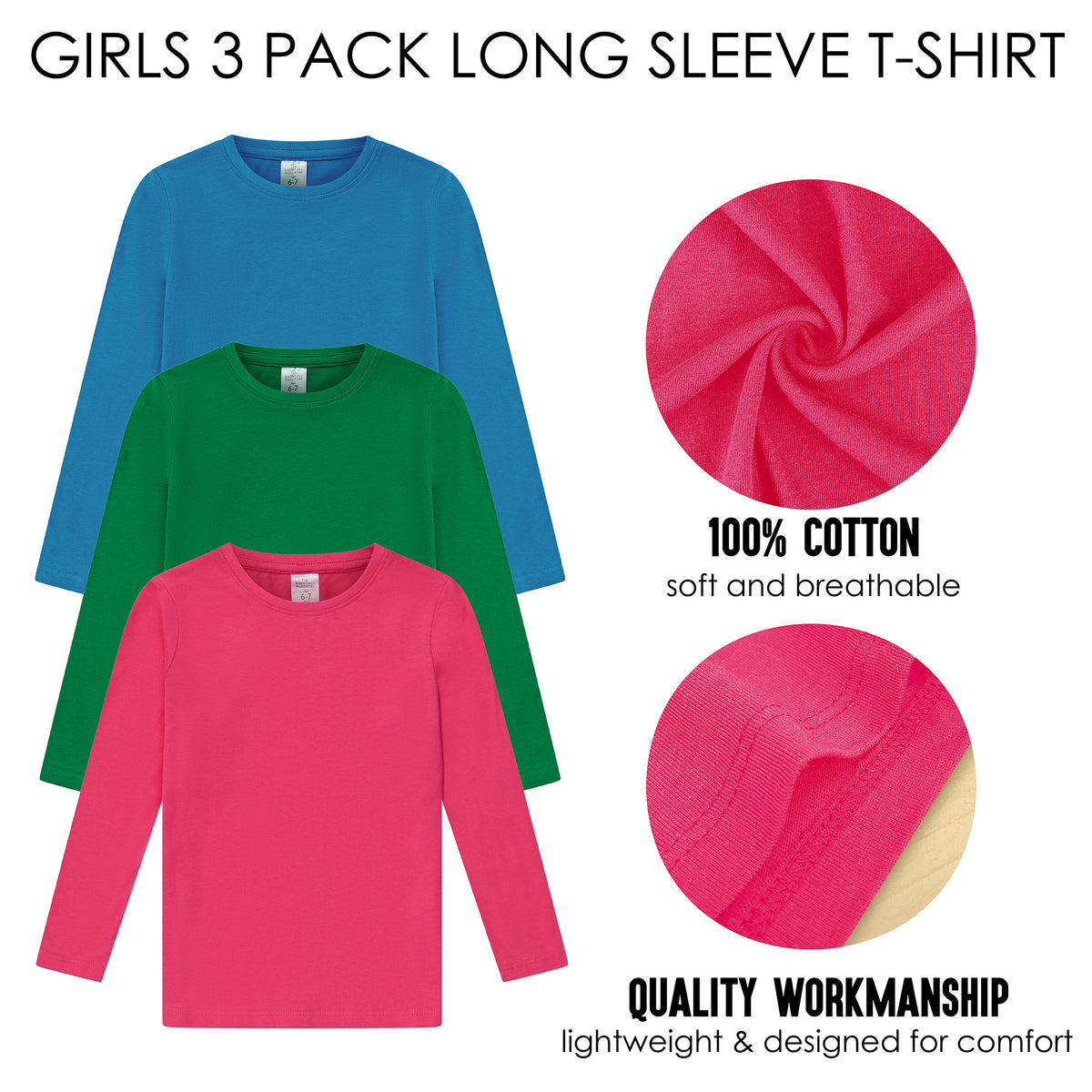 Girls 3 Pack LS T- Shirt Assorted 2  Younger