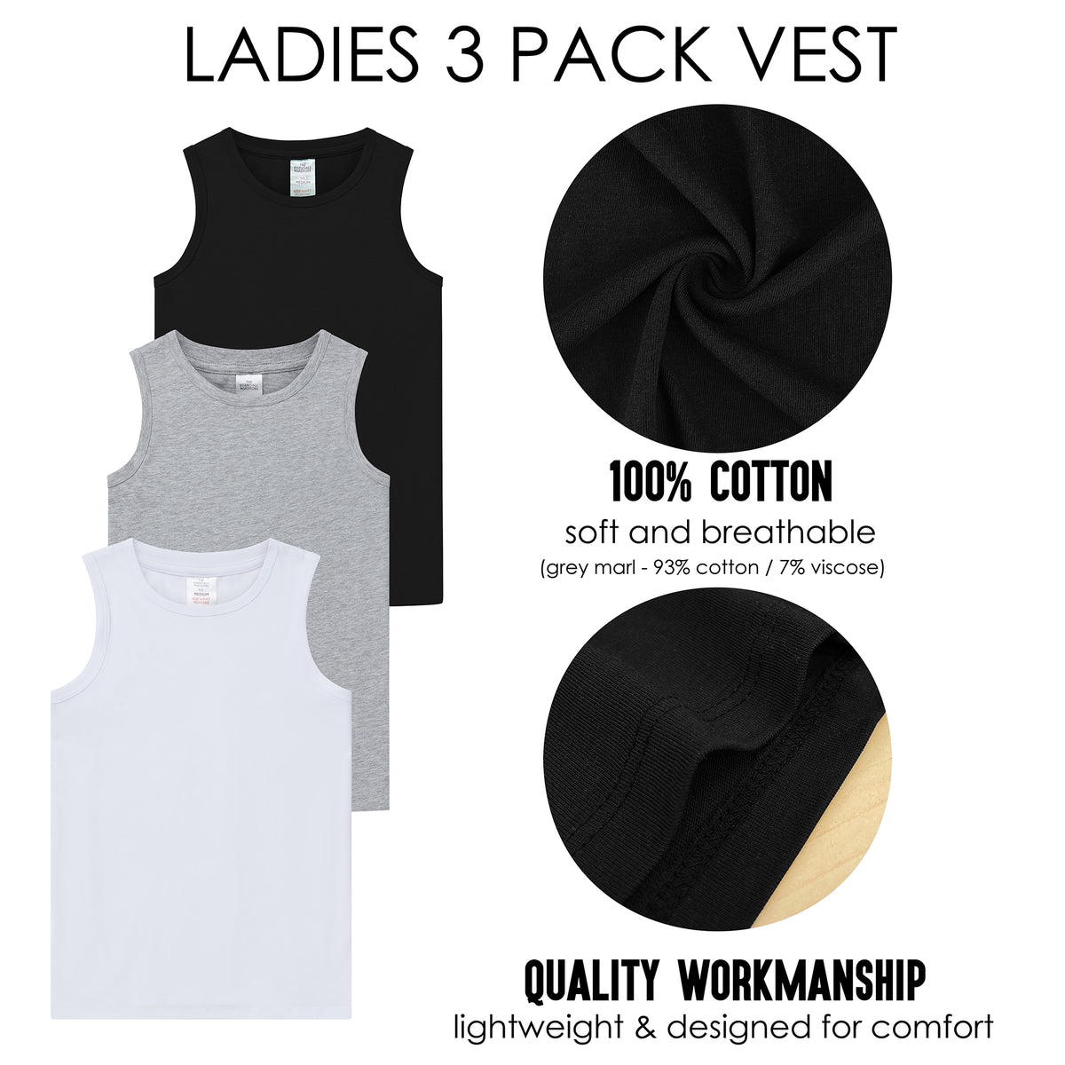 Ladies 3 Pack Vest Assorted 1