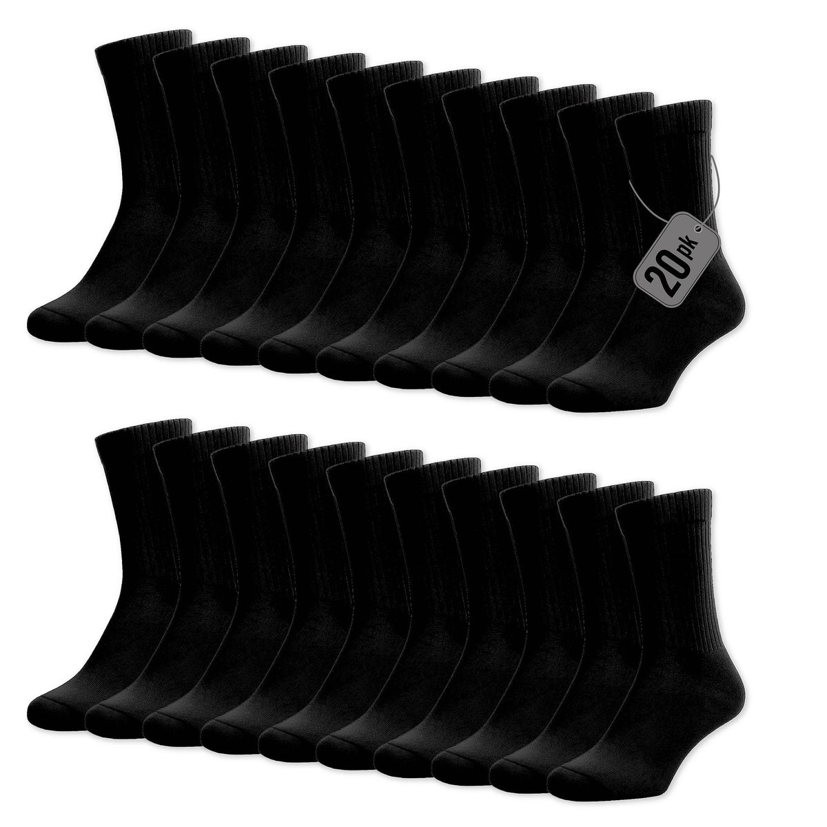 Mens 20PK Terry Black Sports Socks