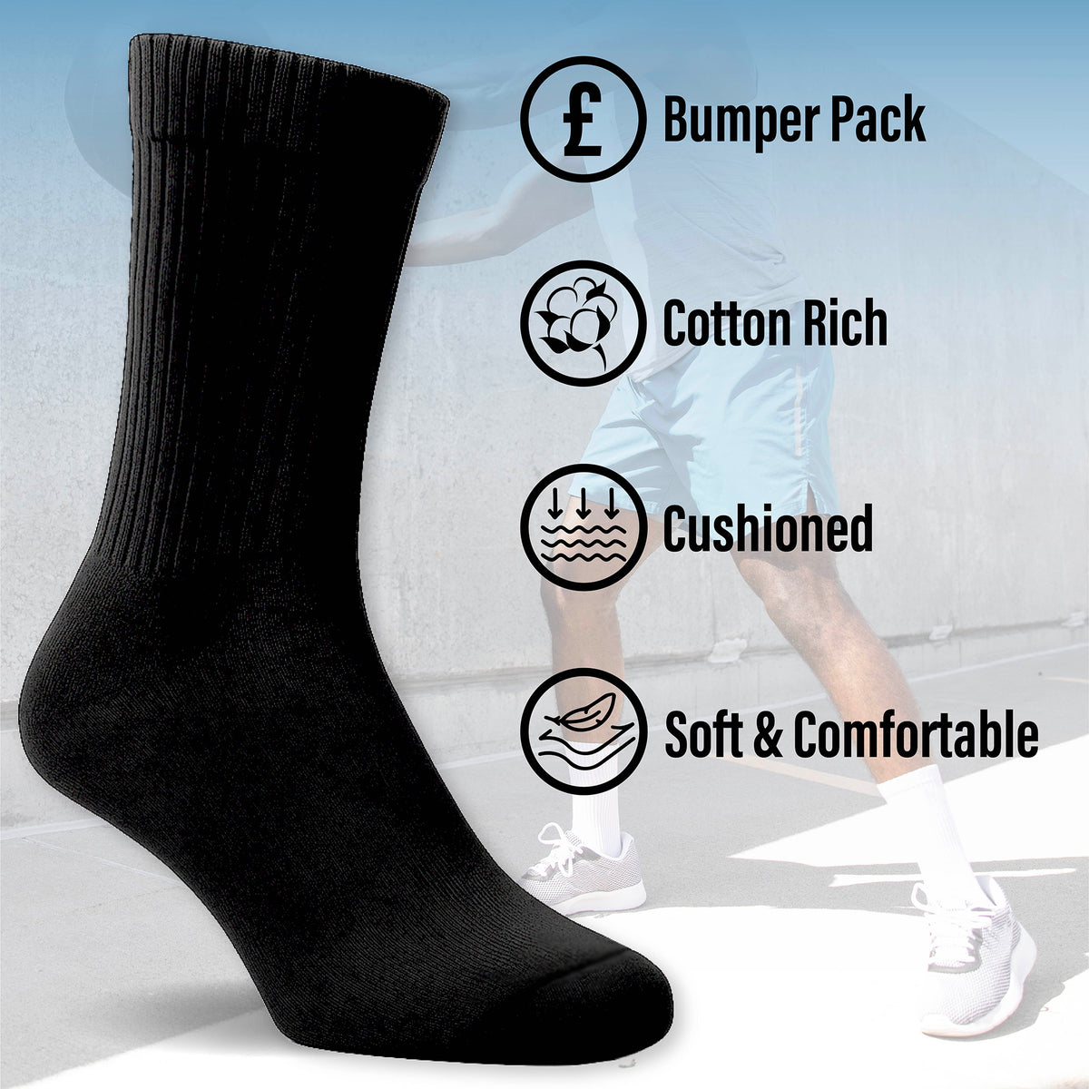 Mens 20PK Terry Black Sports Socks