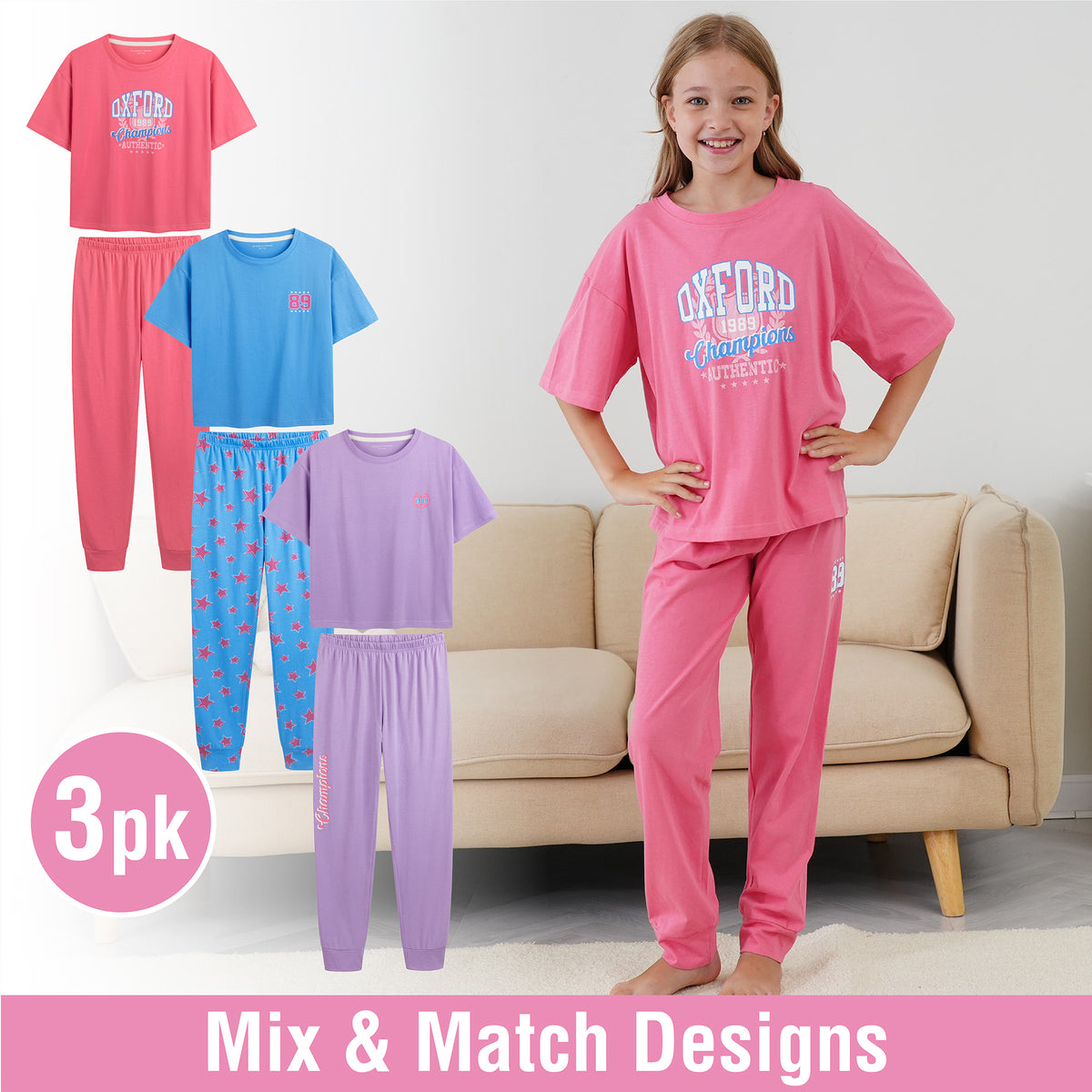 Girls 3PK College SS Long Pyjamas