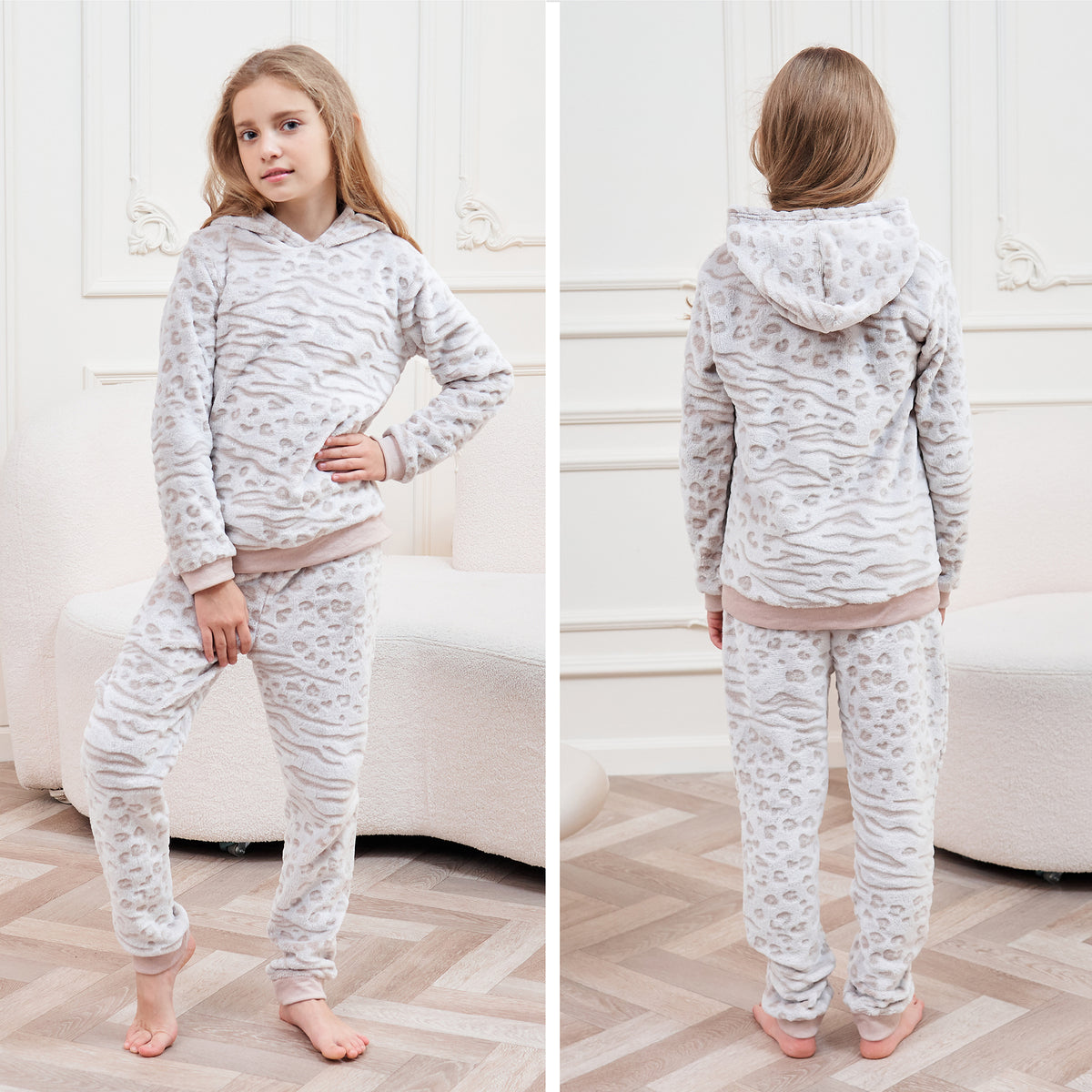 Girls Fleece Animal Print Oatmeal Pyjamas