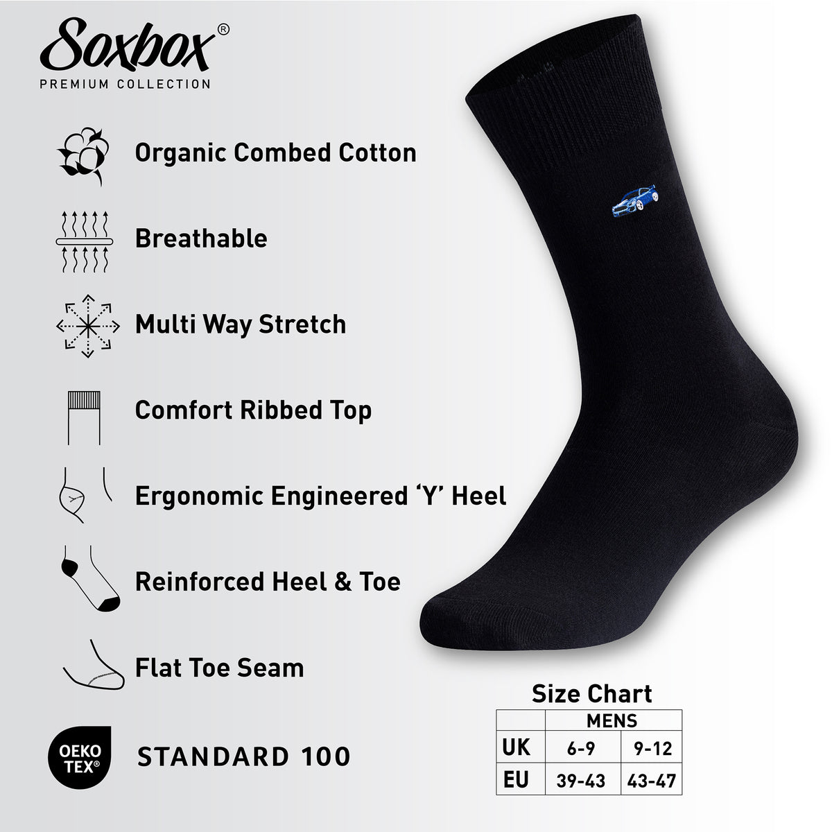 Mens 6PK Black Embroidery Socks - Soxbox