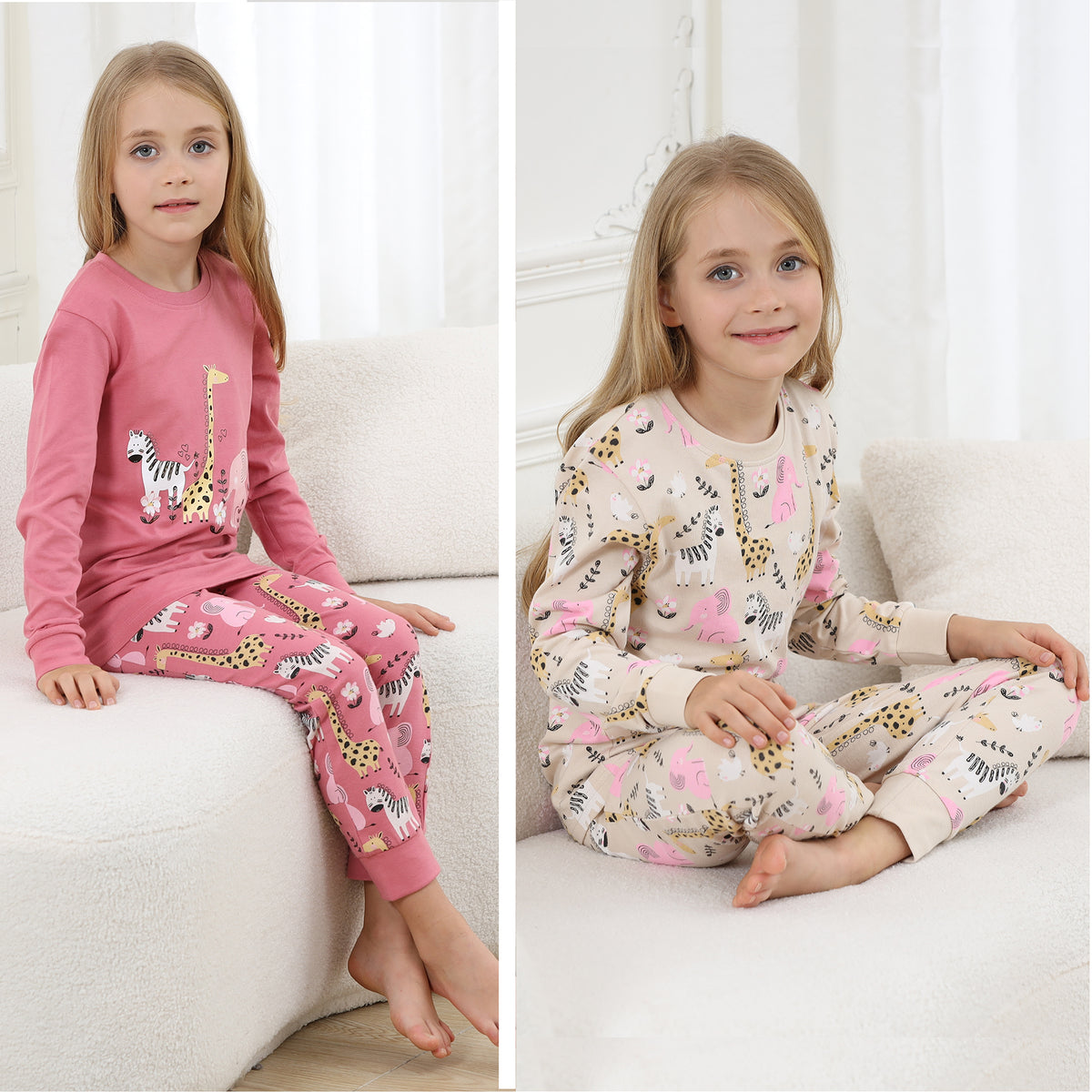 2PK Girls Long Sleeve Cute Animals Pyjamas