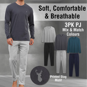 Mens 3PK Long Sleeved Grey/Blue Long Pyjamas Set