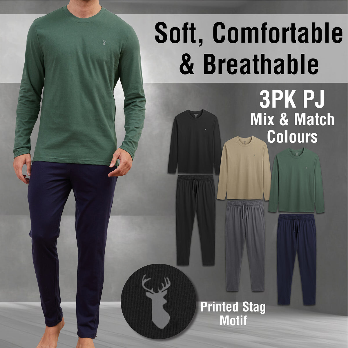 Mens 3PK Long Sleeved Grey/Blue Long Pyjamas Set