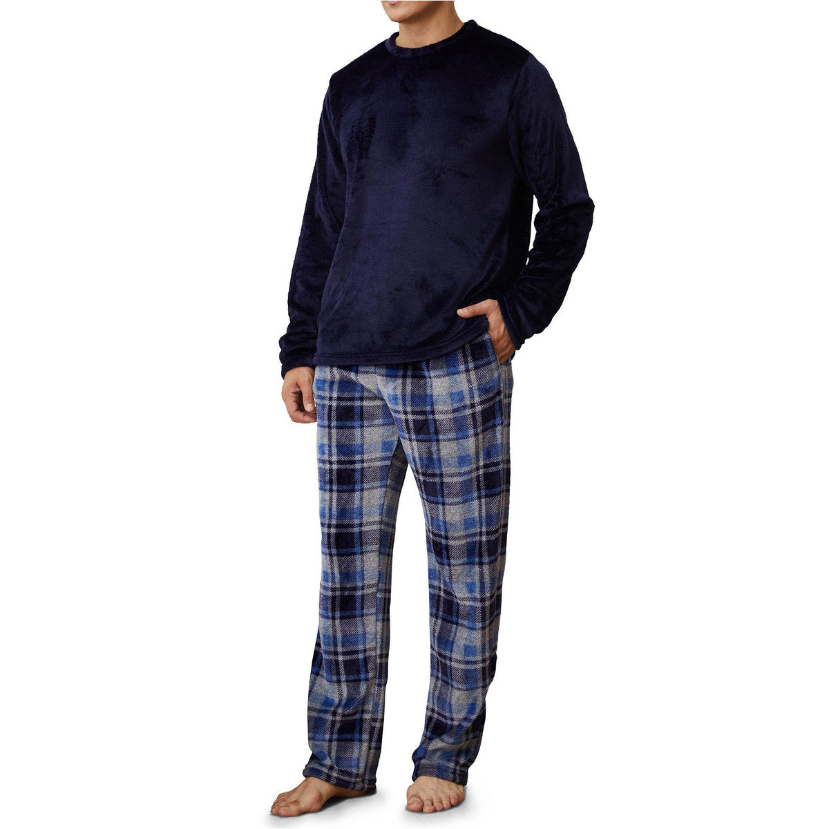Mens Flannel Fleece Blue Checked Pyjama Set