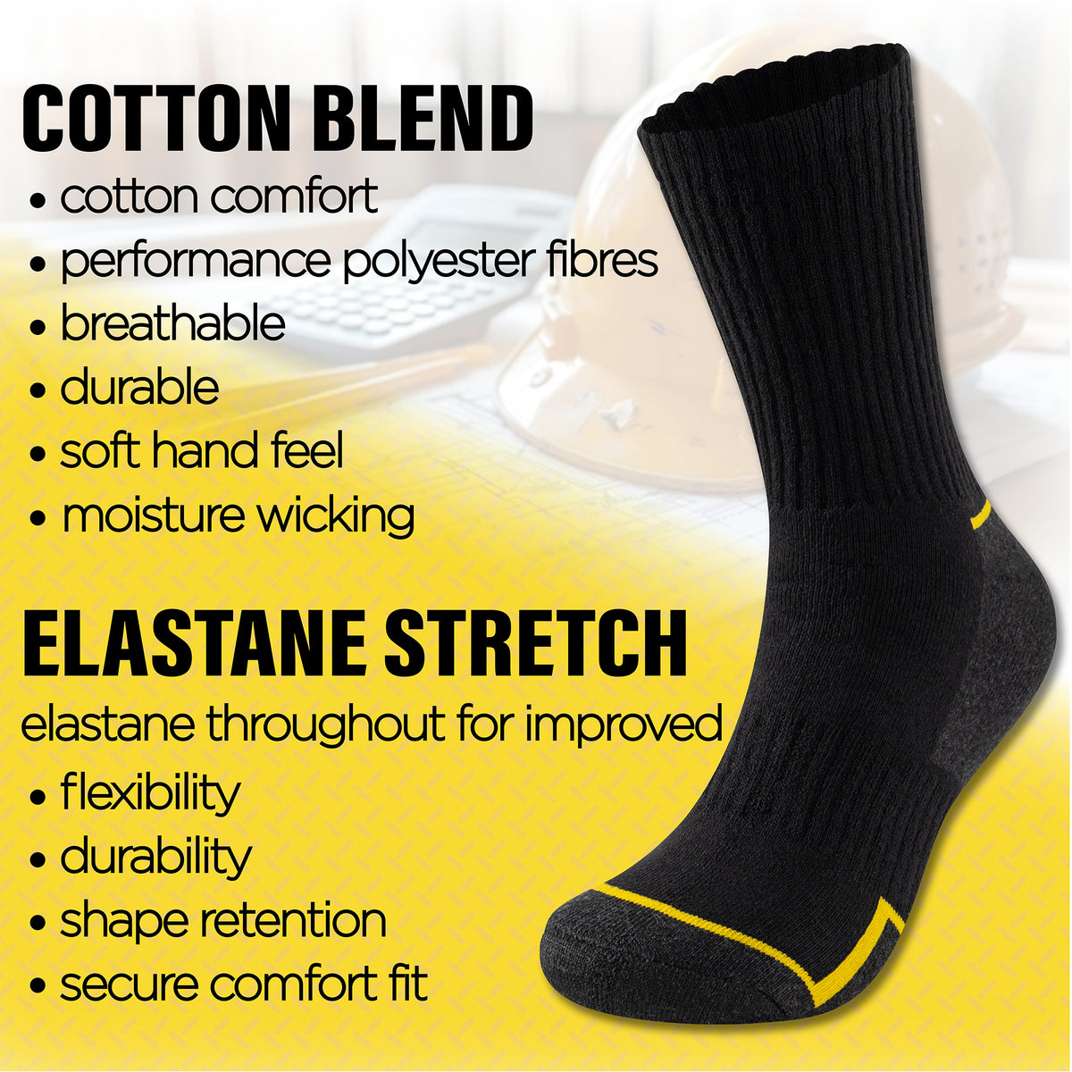 Mens 6 Pack Premium Cotton Blend Yellow Stripe Work Socks