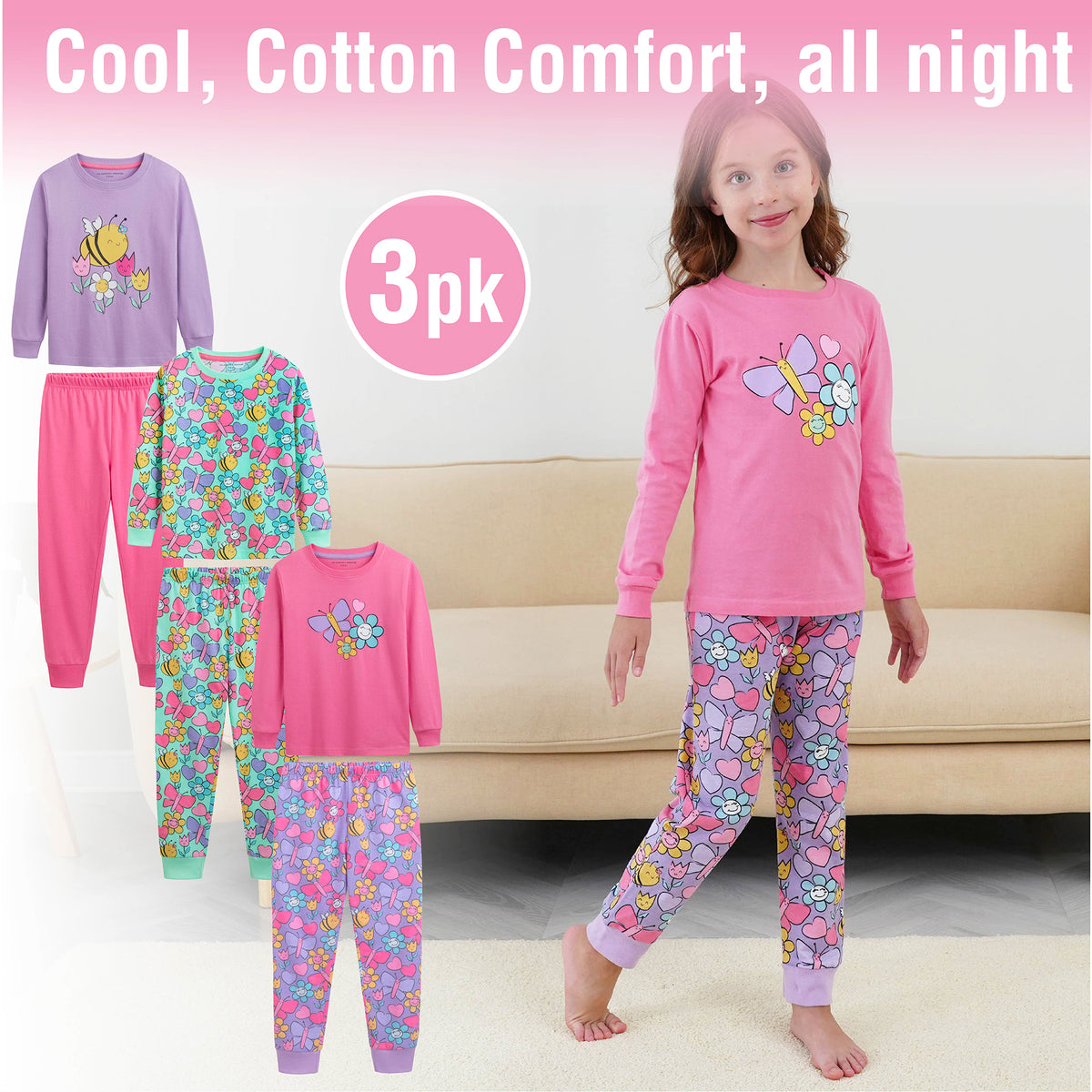 Girls 3PK Bee LS Long Pyjamas - Younger