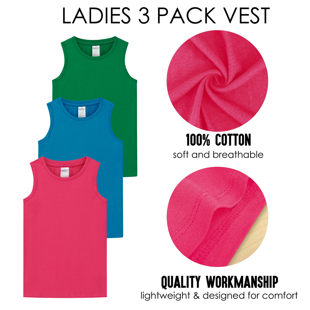Ladies 3 Pack Vest Assorted 3