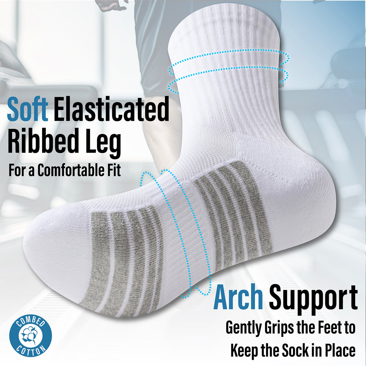 Mens 12 Pack Half Terry Sports Socks (White/Grey Striped)