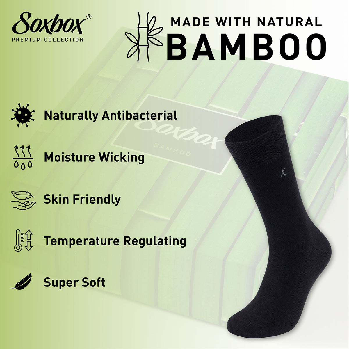 6PK Mens Bamboo Socks Black
