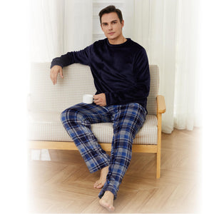 Mens Flannel Fleece Blue Checked Pyjama Set