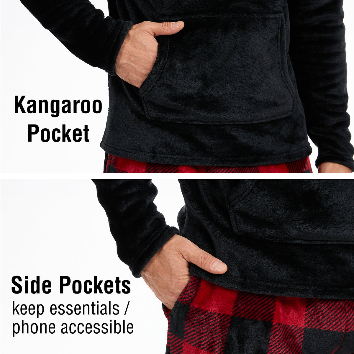 Mens Flannel & Sherpa Lined Black/Red LS Pyjamas Set