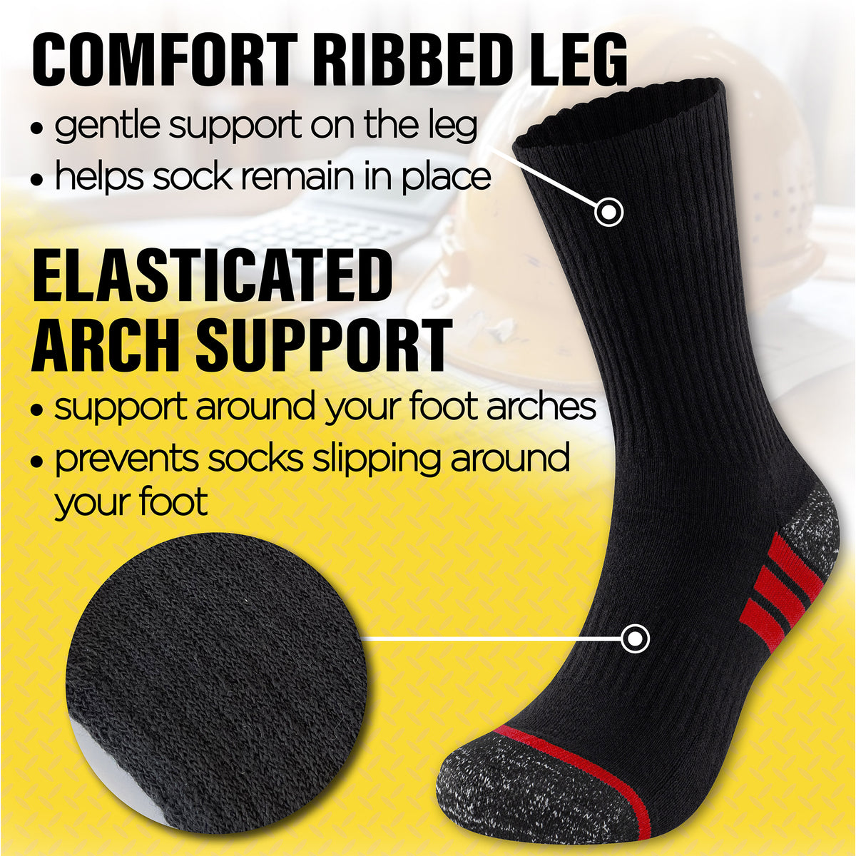 Mens 6 Pack Premium Cotton Blend Contrast Sole Black Work Socks