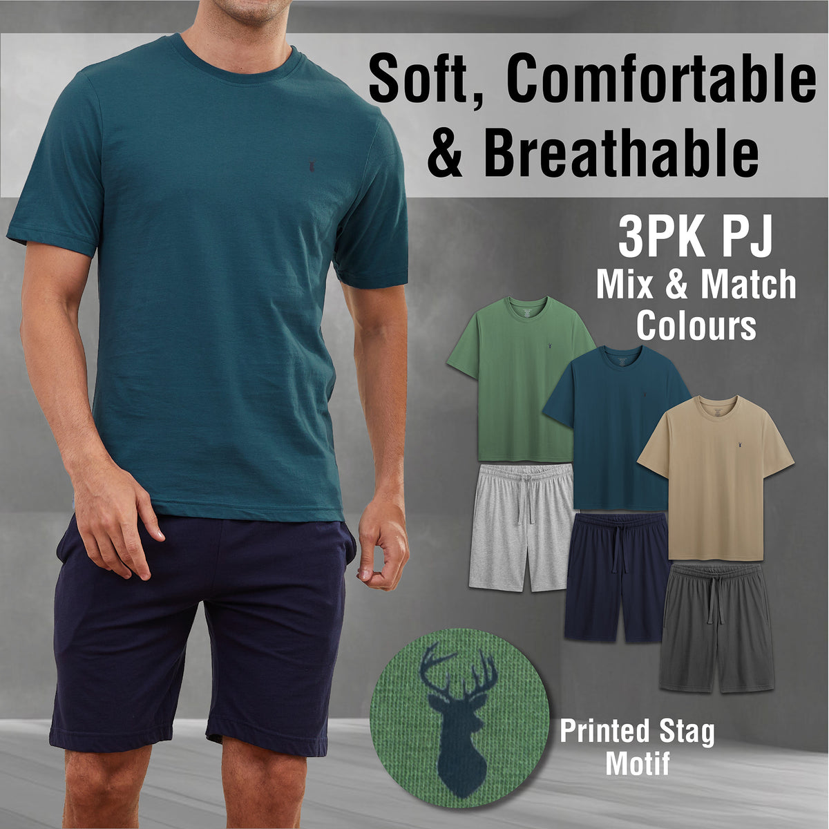 Mens 3 PK Cotton Coloured Shorty Pyjama Set