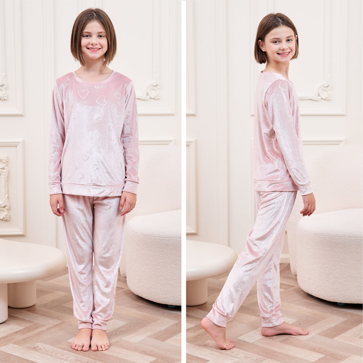 Girls Velour Pink Hearts Pyjamas Set