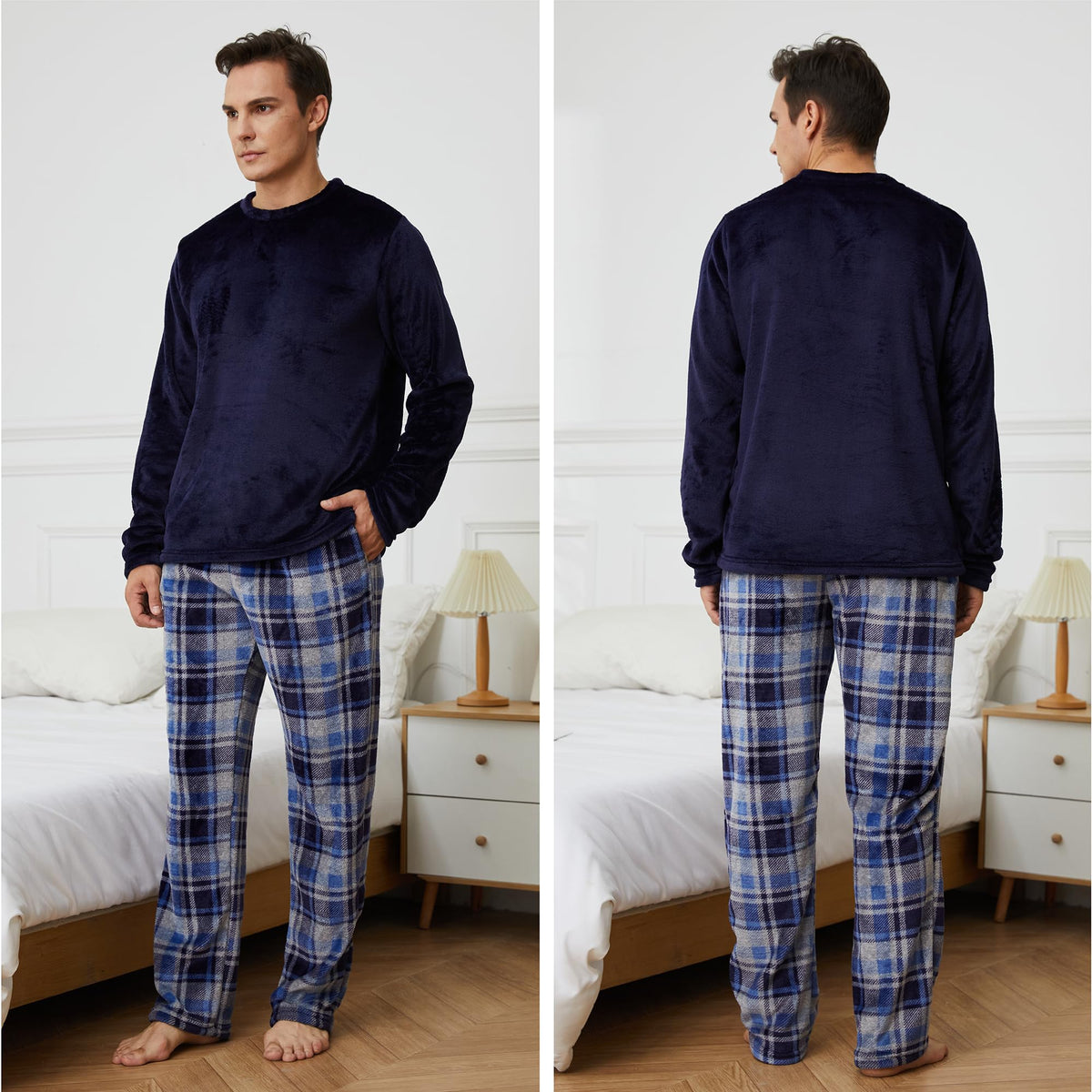 Mens Flannel Fleece Blue Checked Pyjama Set