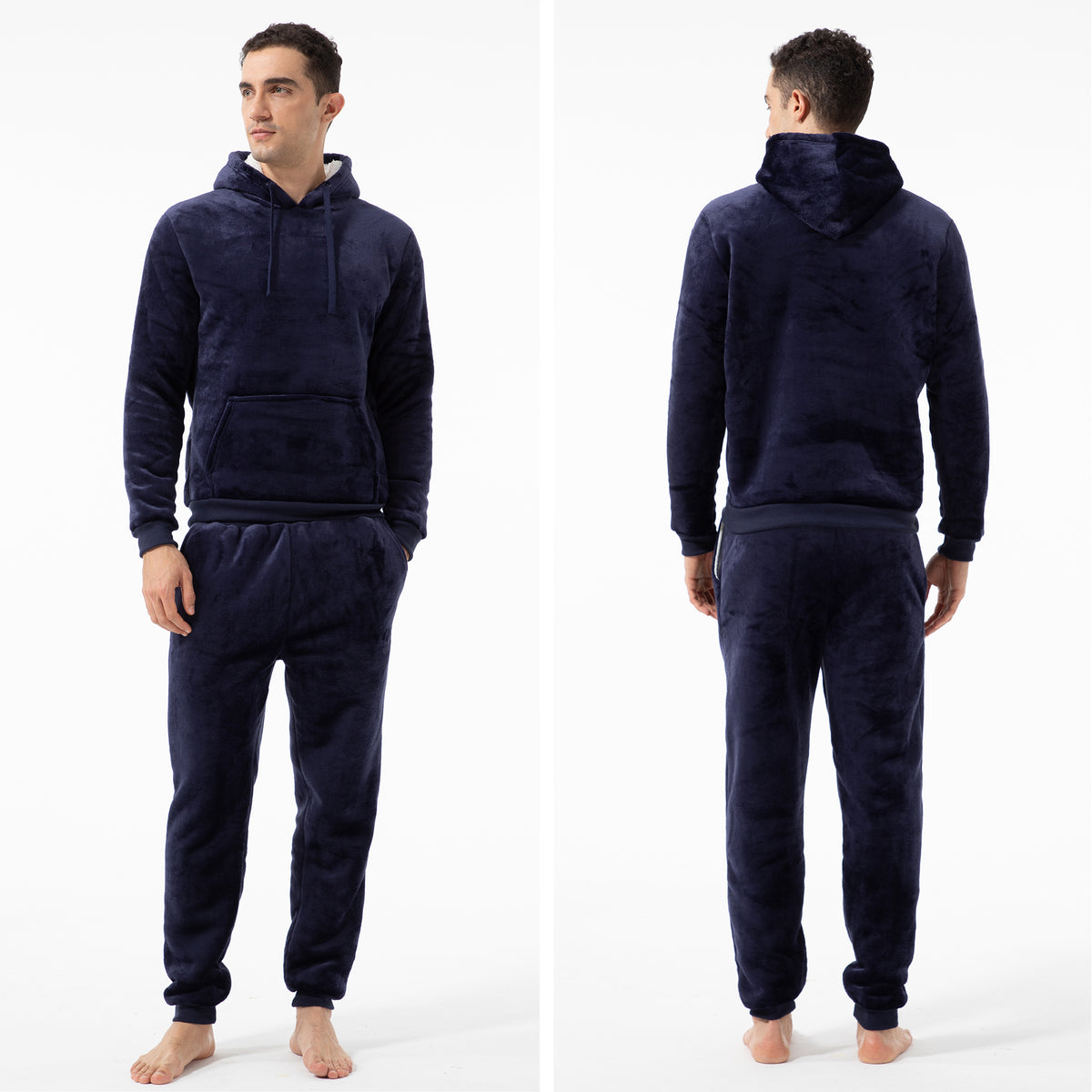 Mens Flannel & Sherpa Lined Black/Red LS Pyjamas Set