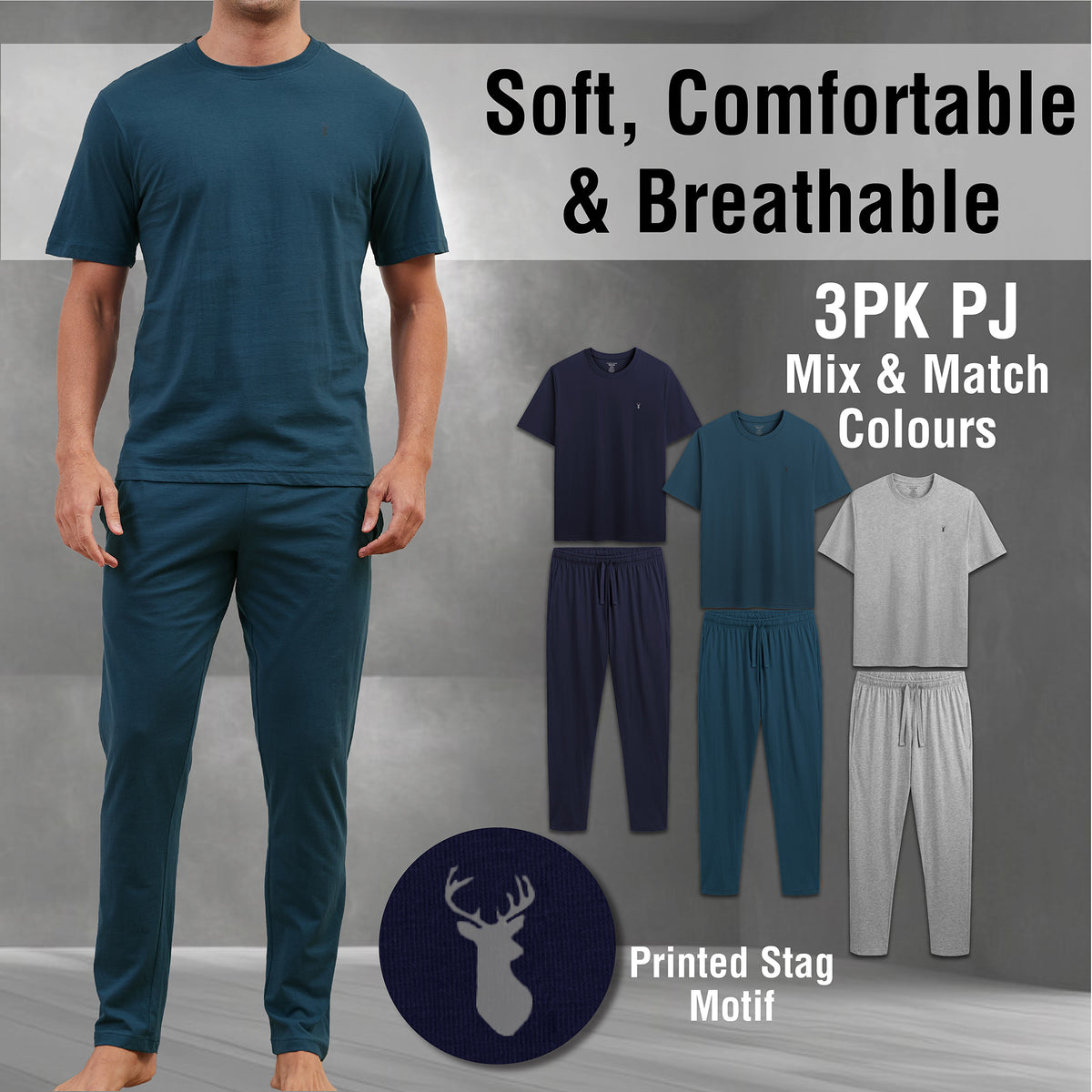Mens 3PK Short Sleeved Long Blue/Grey Pyjamas Set