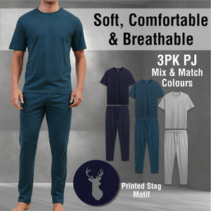 Mens 3PK Short Sleeved Long Blue/Grey Pyjamas Set