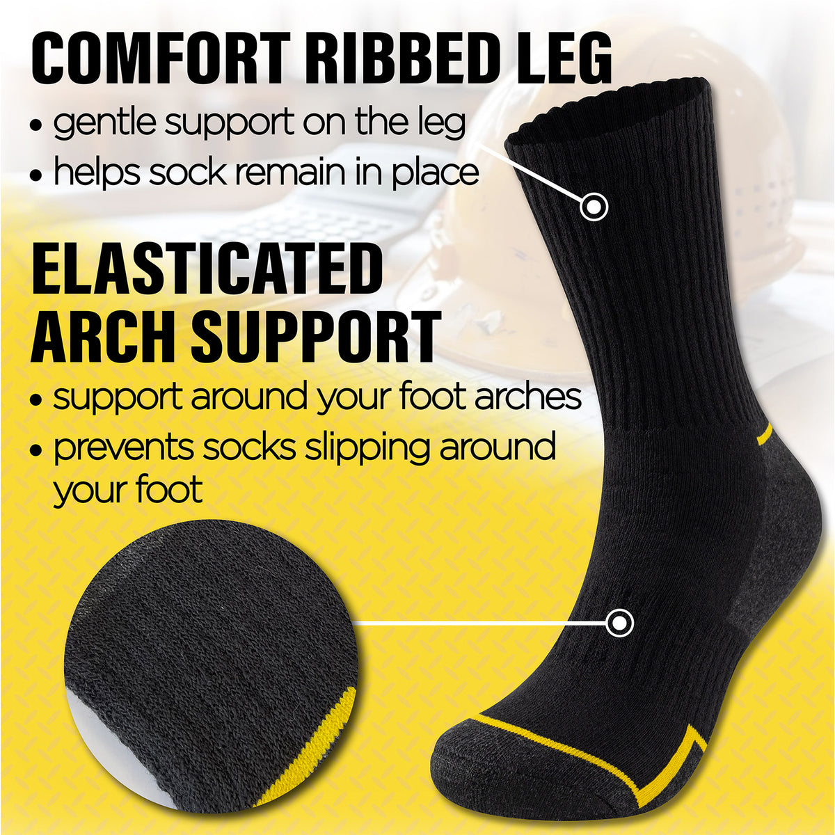 Mens 12 Pack Premium Cotton Blend Yellow Stripe Work Socks