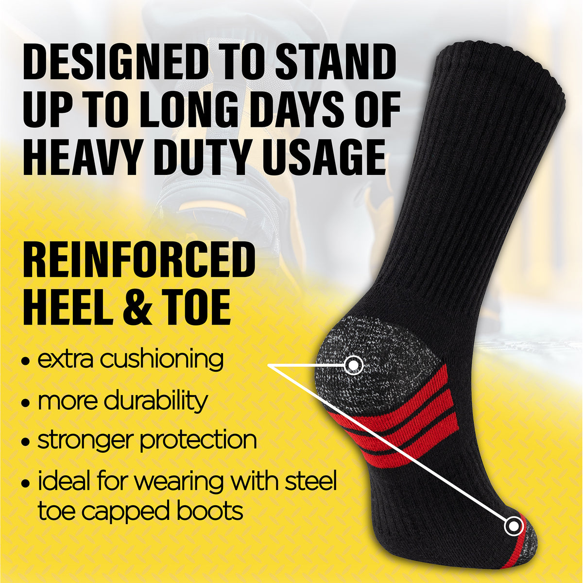 Mens 6 Pack Premium Cotton Blend Contrast Sole Black Work Socks