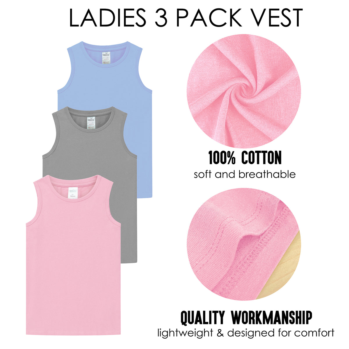 Ladies 3 Pack Vest Assorted 4