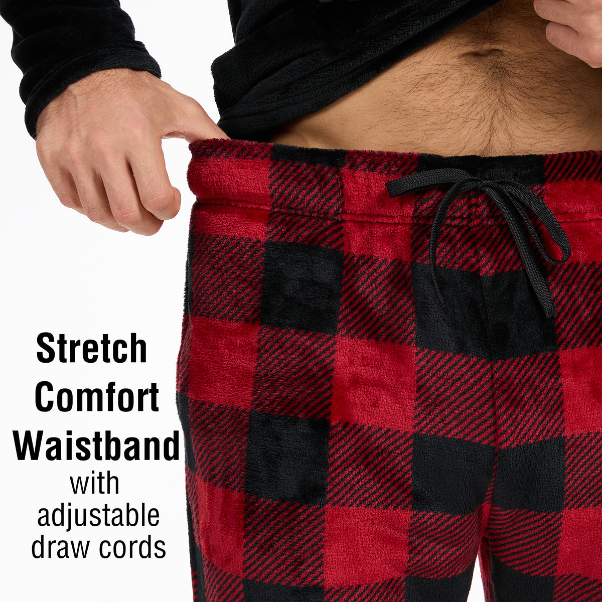 Mens Flannel & Sherpa Lined Black/Red LS Pyjamas Set