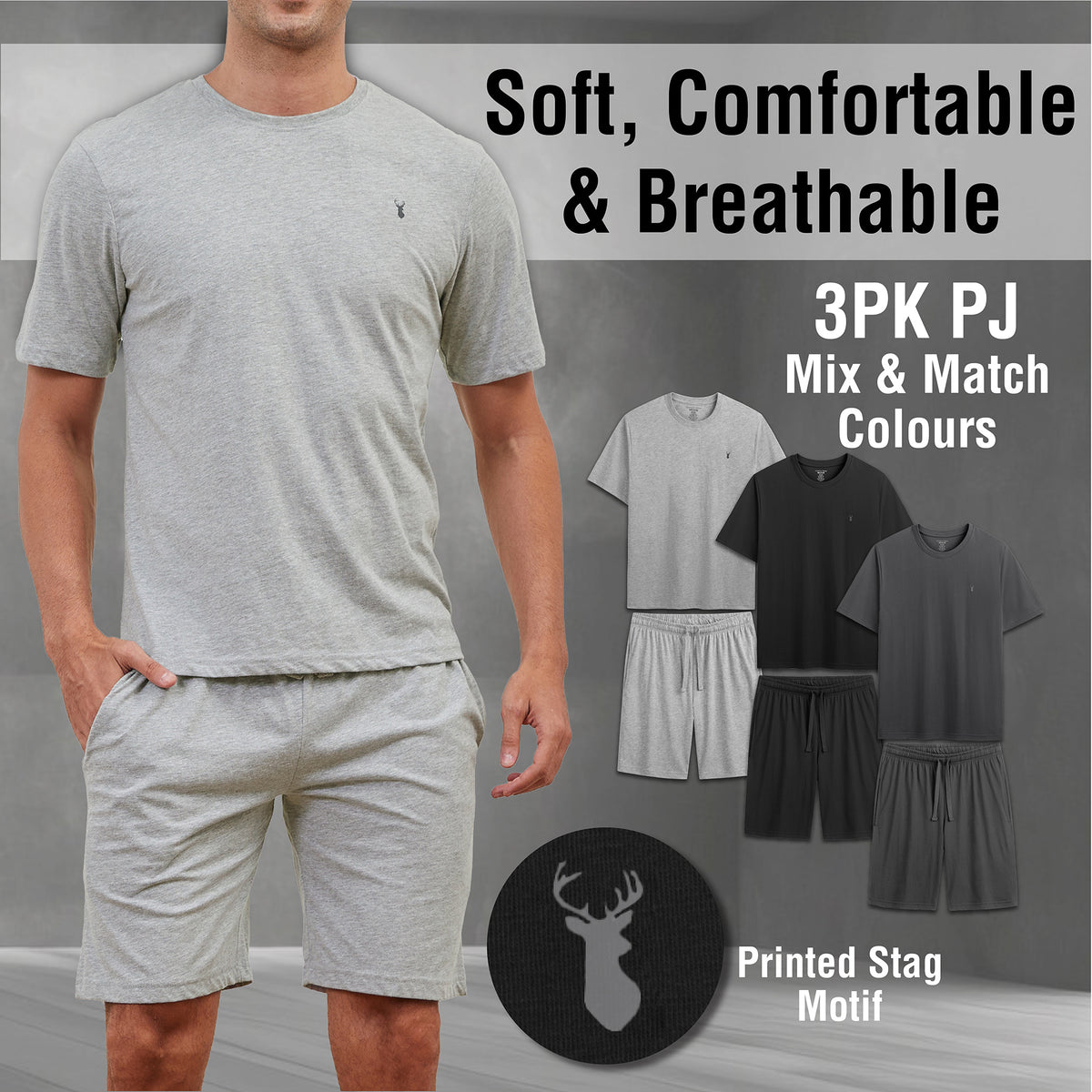 Mens 3PK Cotton Monochrome Shorty Pyjama Set