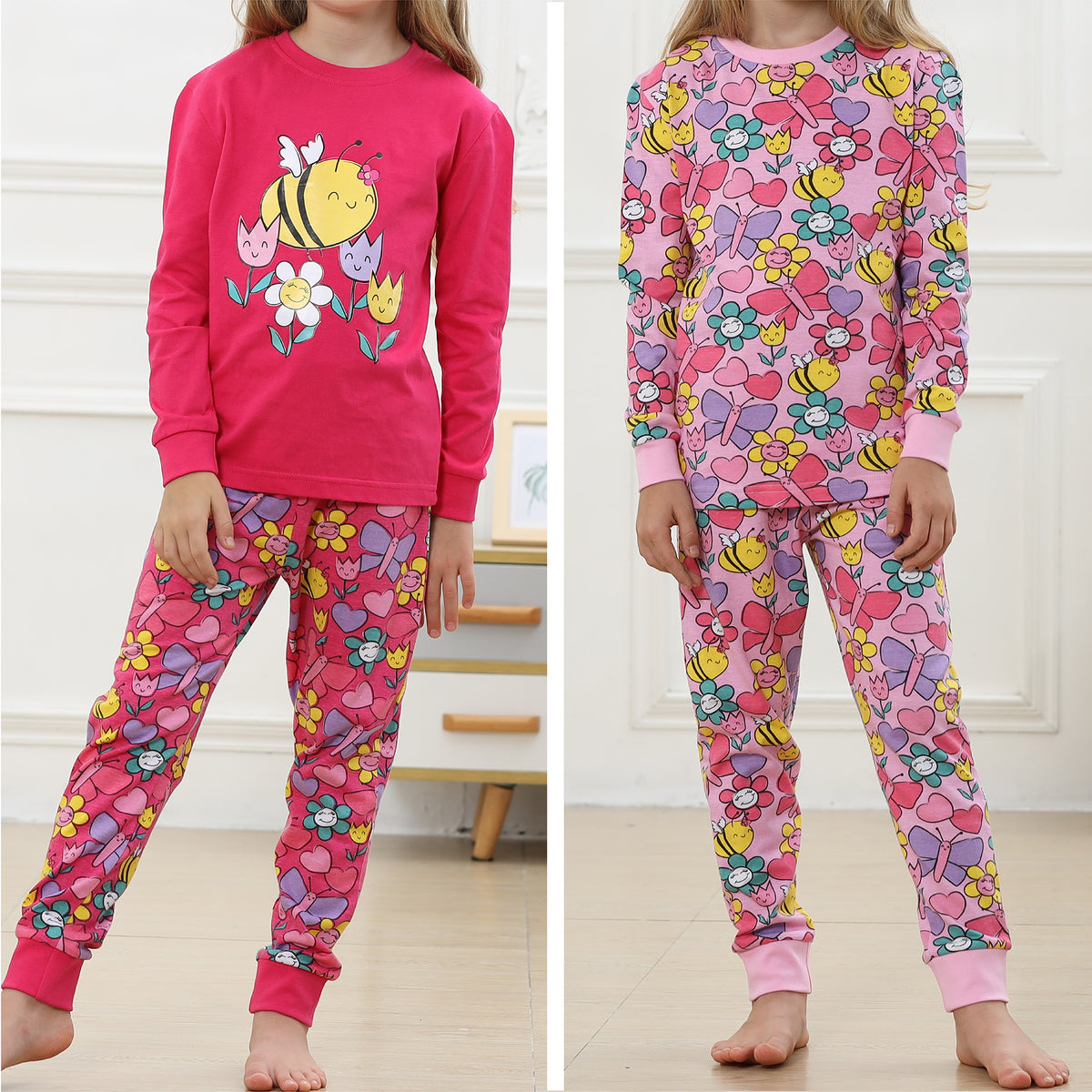 2PK Girls Long Sleeve Floral Bee Pyjamas