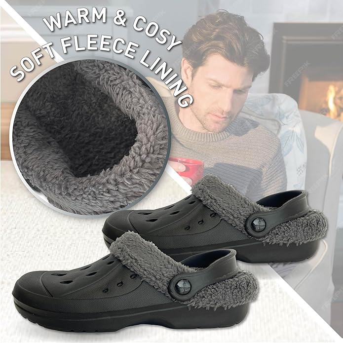 Mens Cosy Fleece Lined Black Clogs