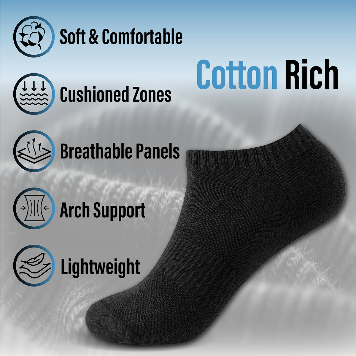 Womens 12pk Half Terry Black Trainer Socks