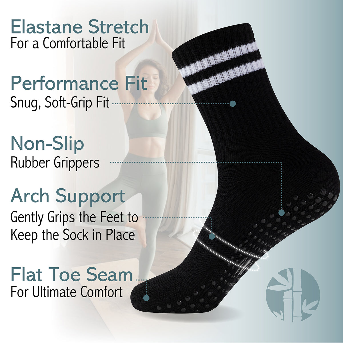 Ladies 4pk Bamboo Yoga/Pilates Black Ankle Socks