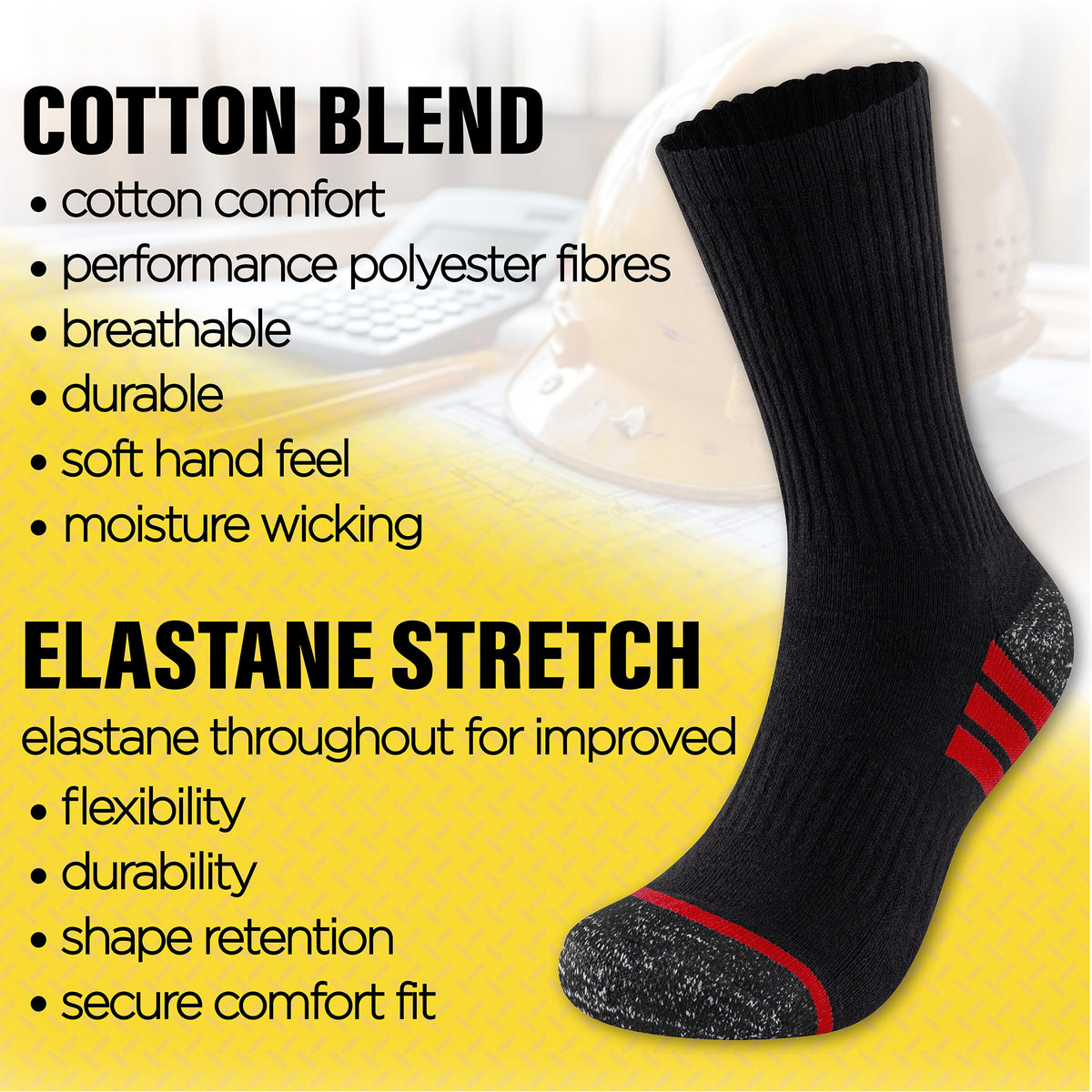 Mens 6 Pack Premium Cotton Blend Contrast Sole Black Work Socks