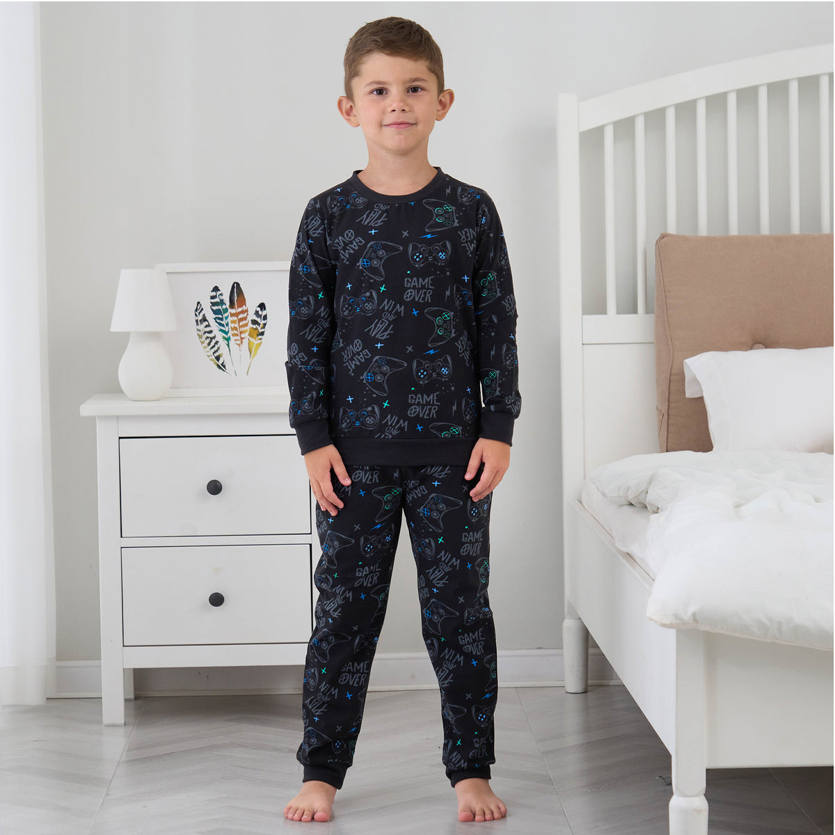 Boys Black Printed Pyjama Set