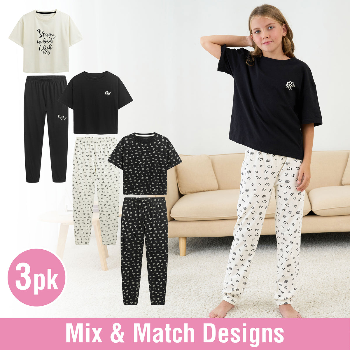 Girls 3PK Doodle SS Long Pyjamas