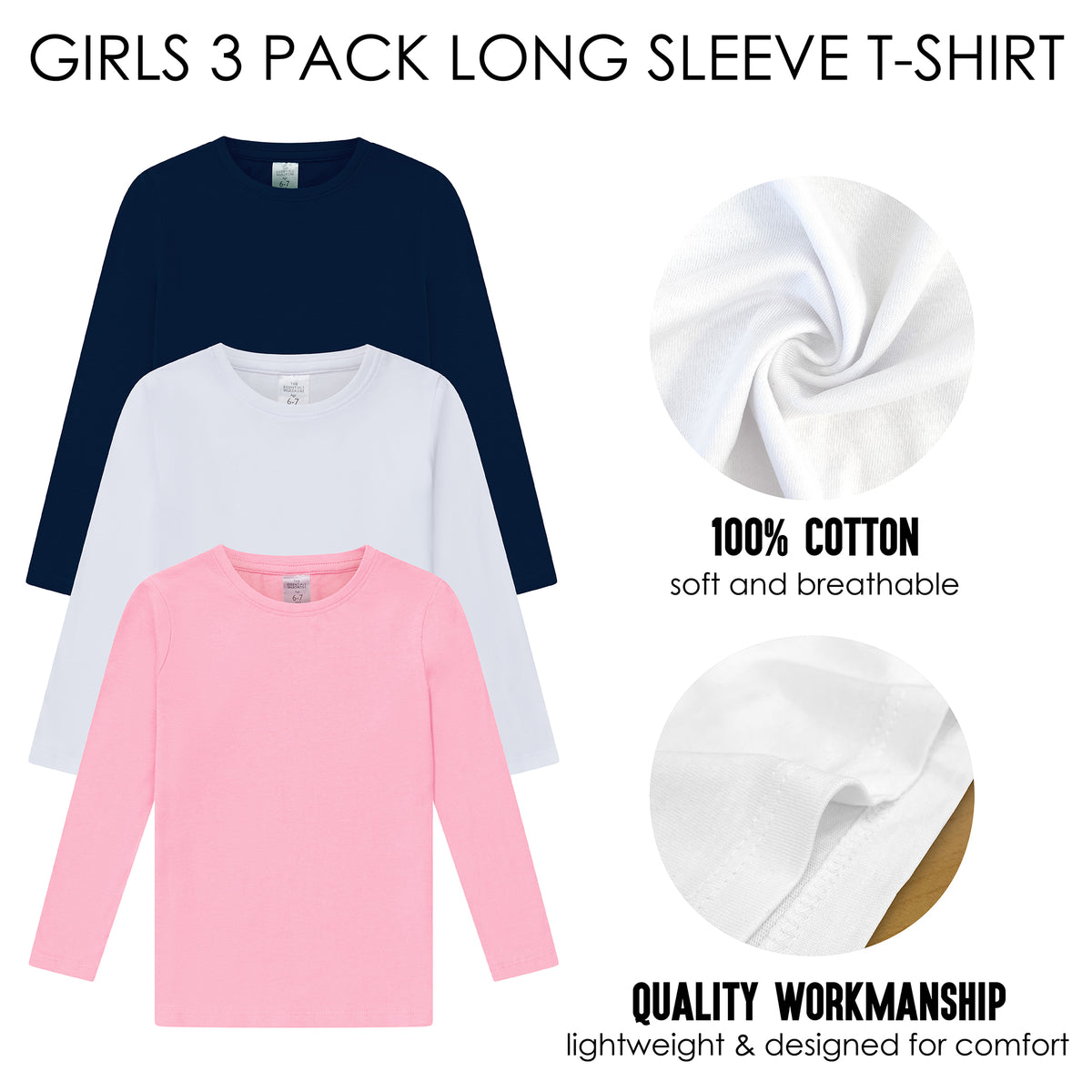 Girls 3 Pack LS T- Shirt Assorted 1 Younger