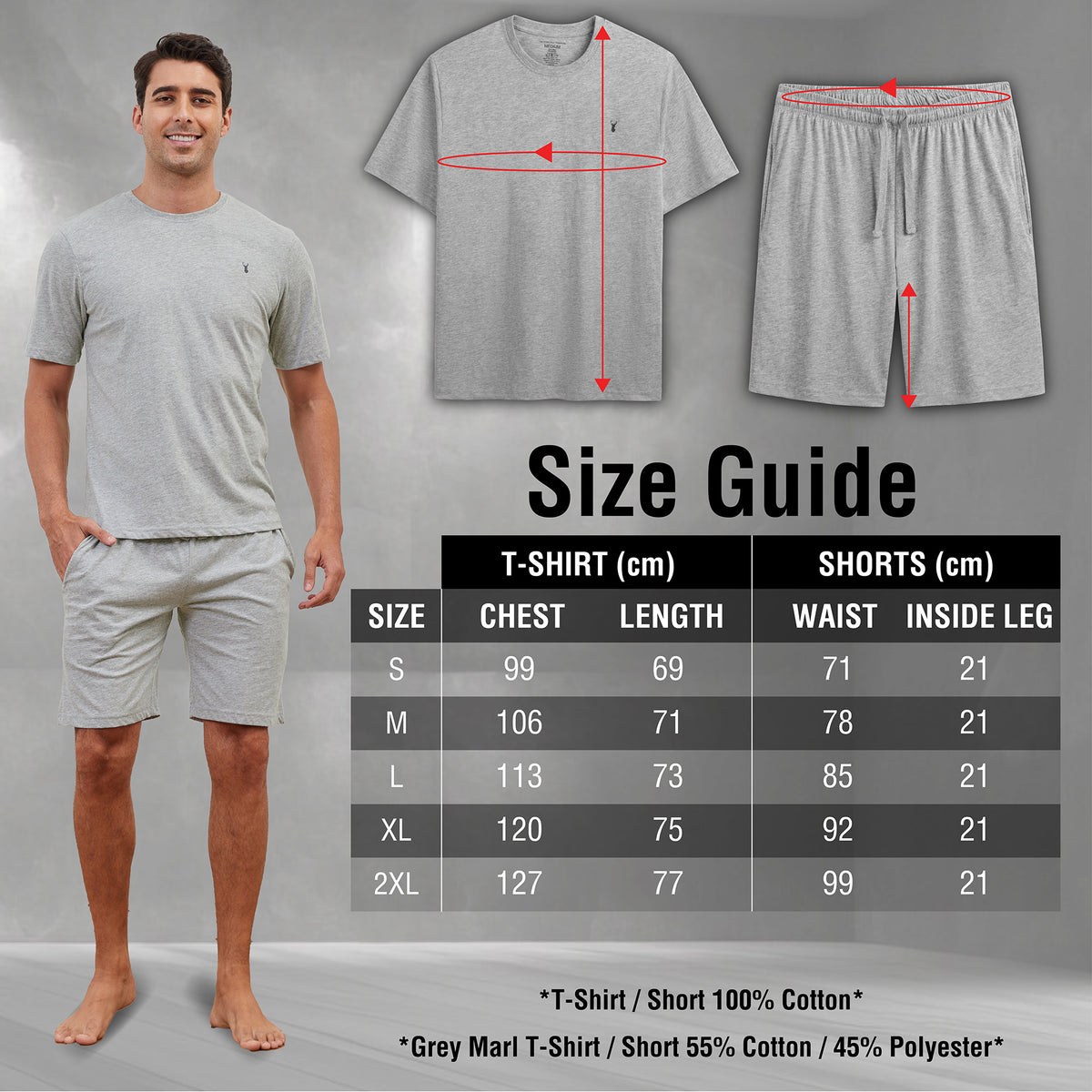 Mens 3PK Cotton Monochrome Shorty Pyjama Set