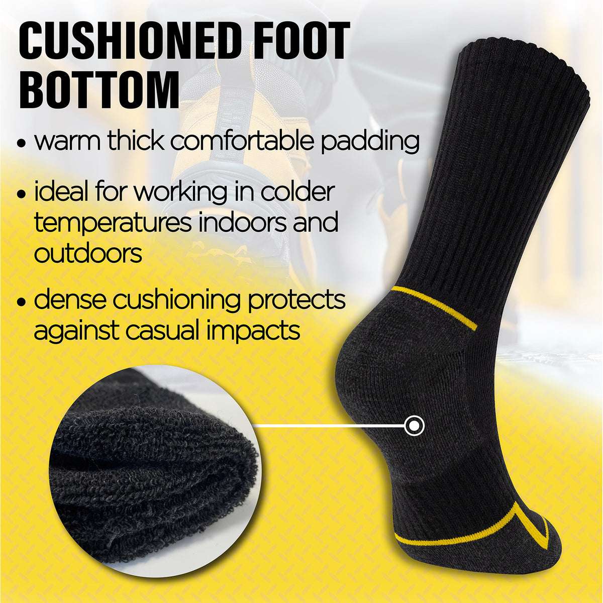 Mens 12 Pack Premium Cotton Blend Yellow Stripe Work Socks