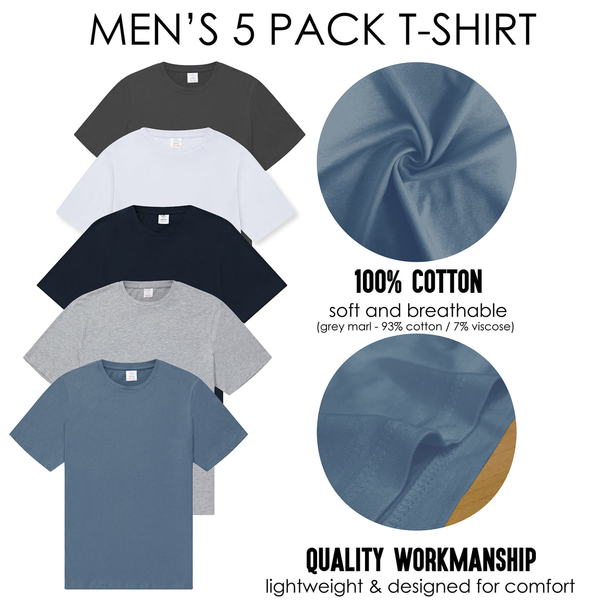 Mens 5 Pack T- Shirt Blue Mix