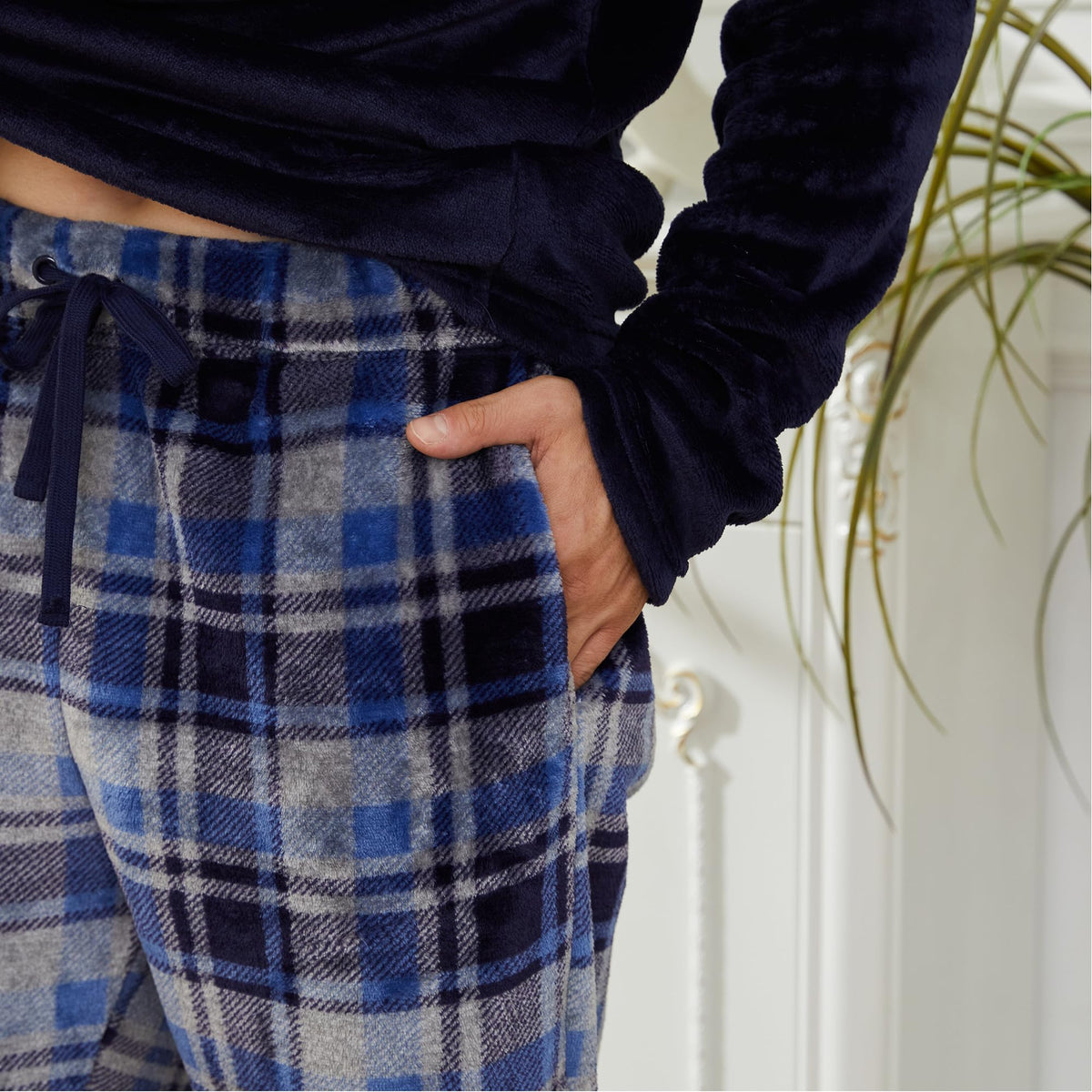 Mens Flannel Fleece Blue Checked Pyjama Set
