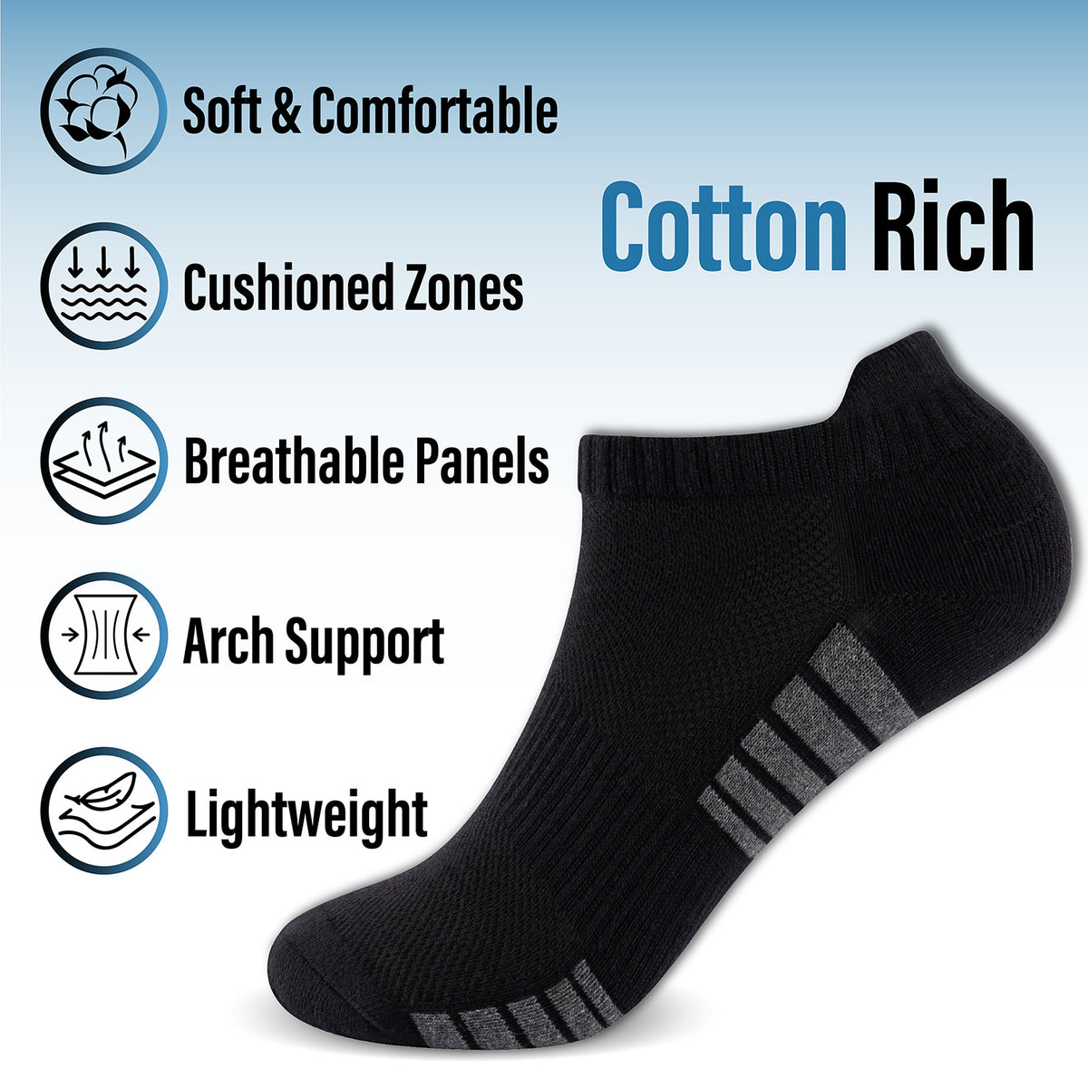 Womens 12 Pack Half Terry Trainer Socks (Black Striped)
